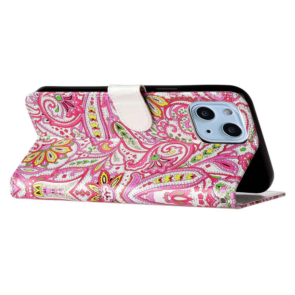 Ein pinkes Handy-Etui mit Paisley-Muster, geöffnet, das ein Handy zeigt.