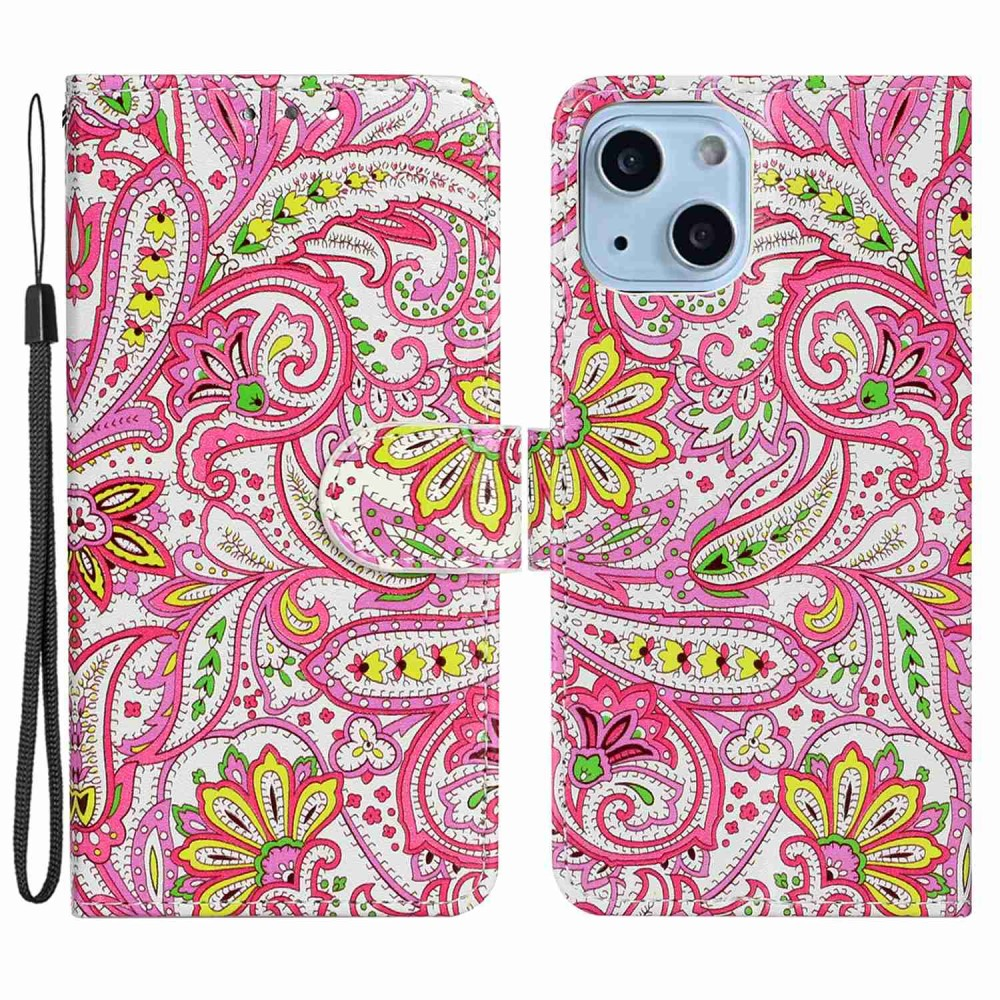 Ein offenes Handy-Etui mit pinkem Paisley-Muster. Mit Schnur.