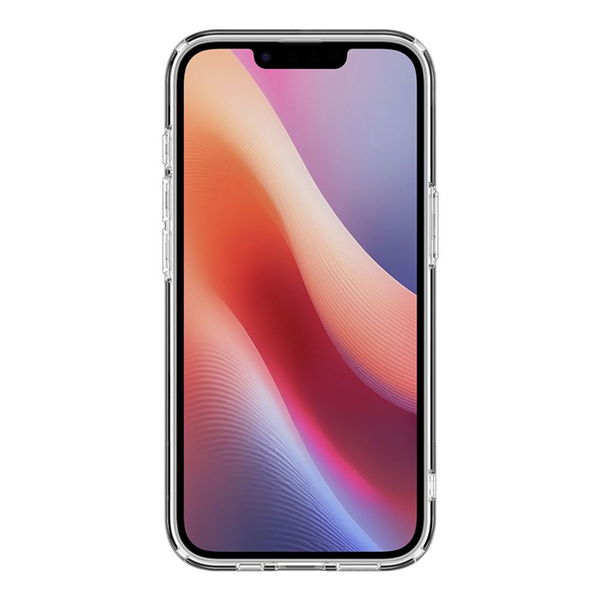 Een doorzichtige telefoonhoes met een kleurrijke achtergrondafbeelding op het scherm.