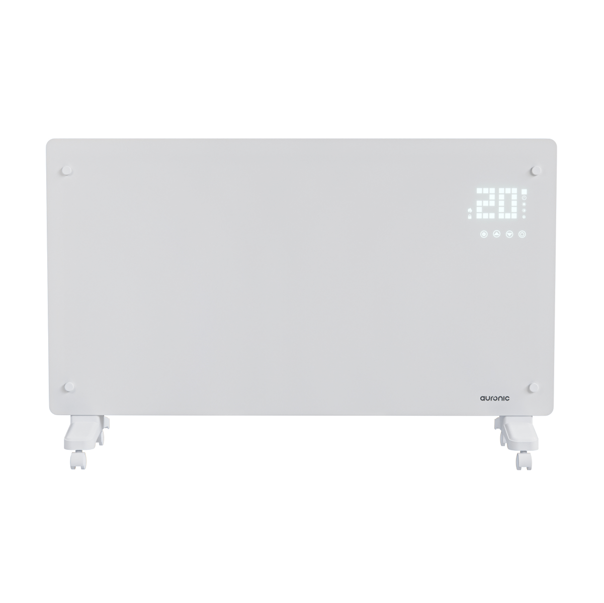 A white heater with wheels displays 20 degrees Celsius on its digital screen.