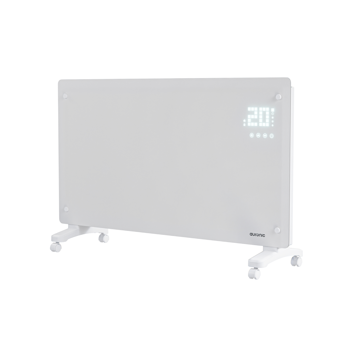 A white convection heater with wheels displays 20 degrees Celsius.
