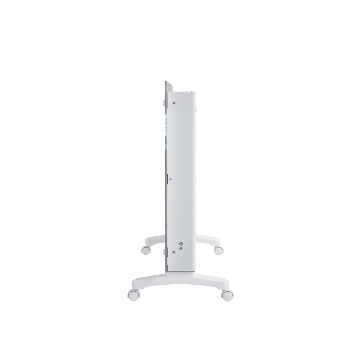 A white mobile radiator on wheels, viewed from the side with a slim profile.