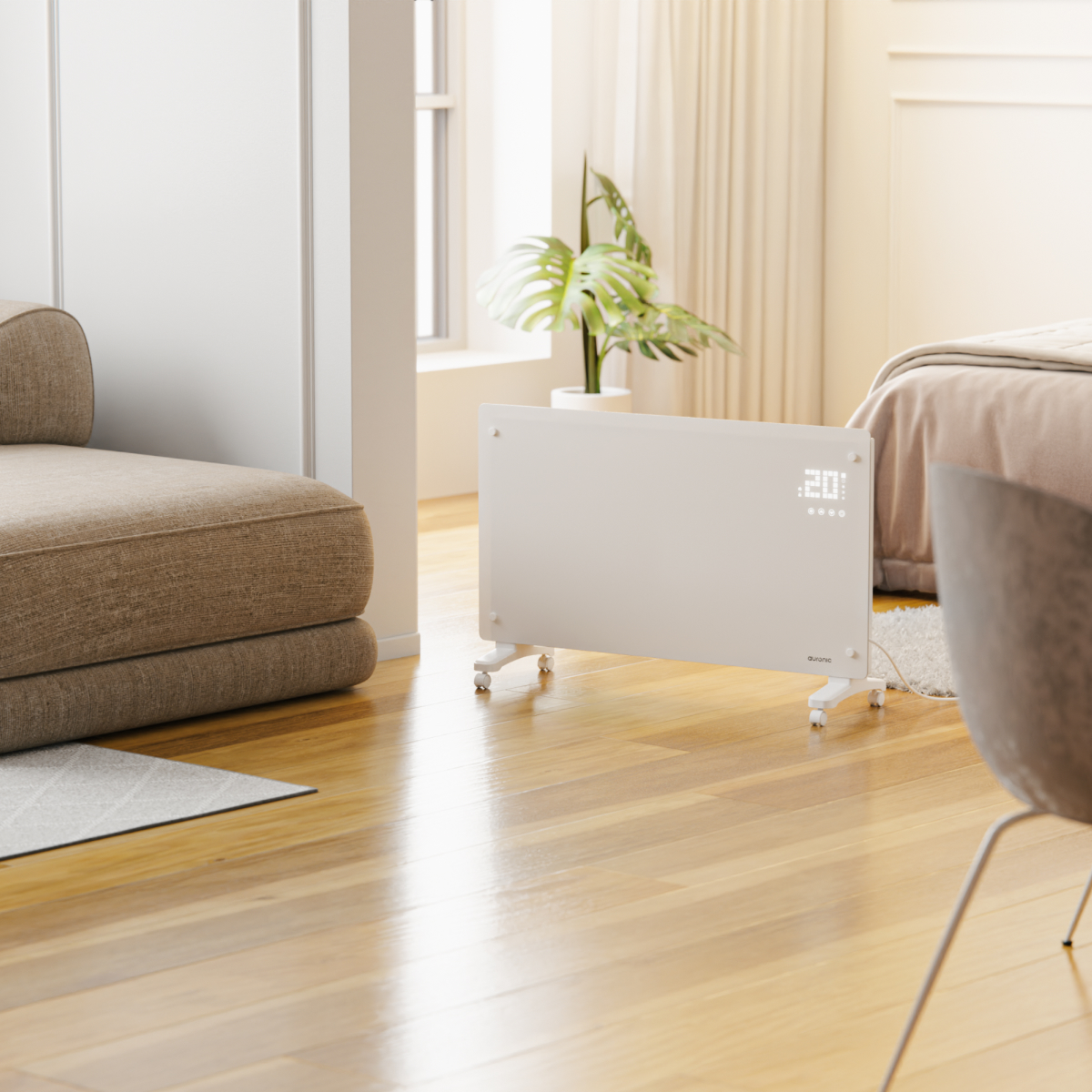 A white electric heater with wheels is on a wooden floor next to a sofa and bed.
