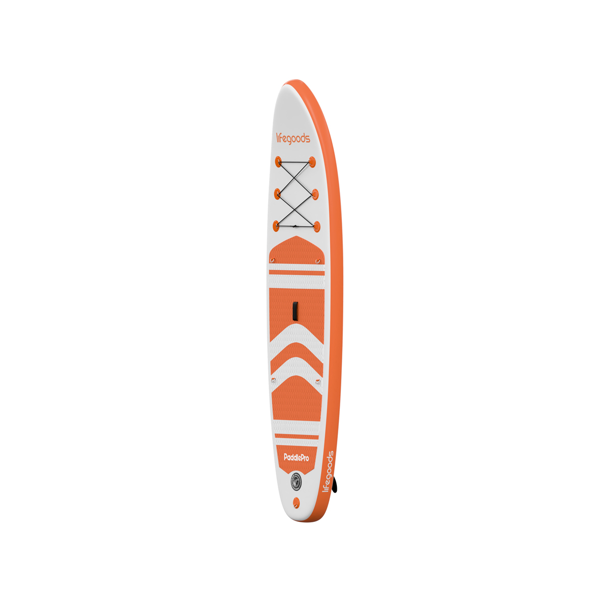 Wit stand-up paddleboard met oranje accenten en elastische koorden.