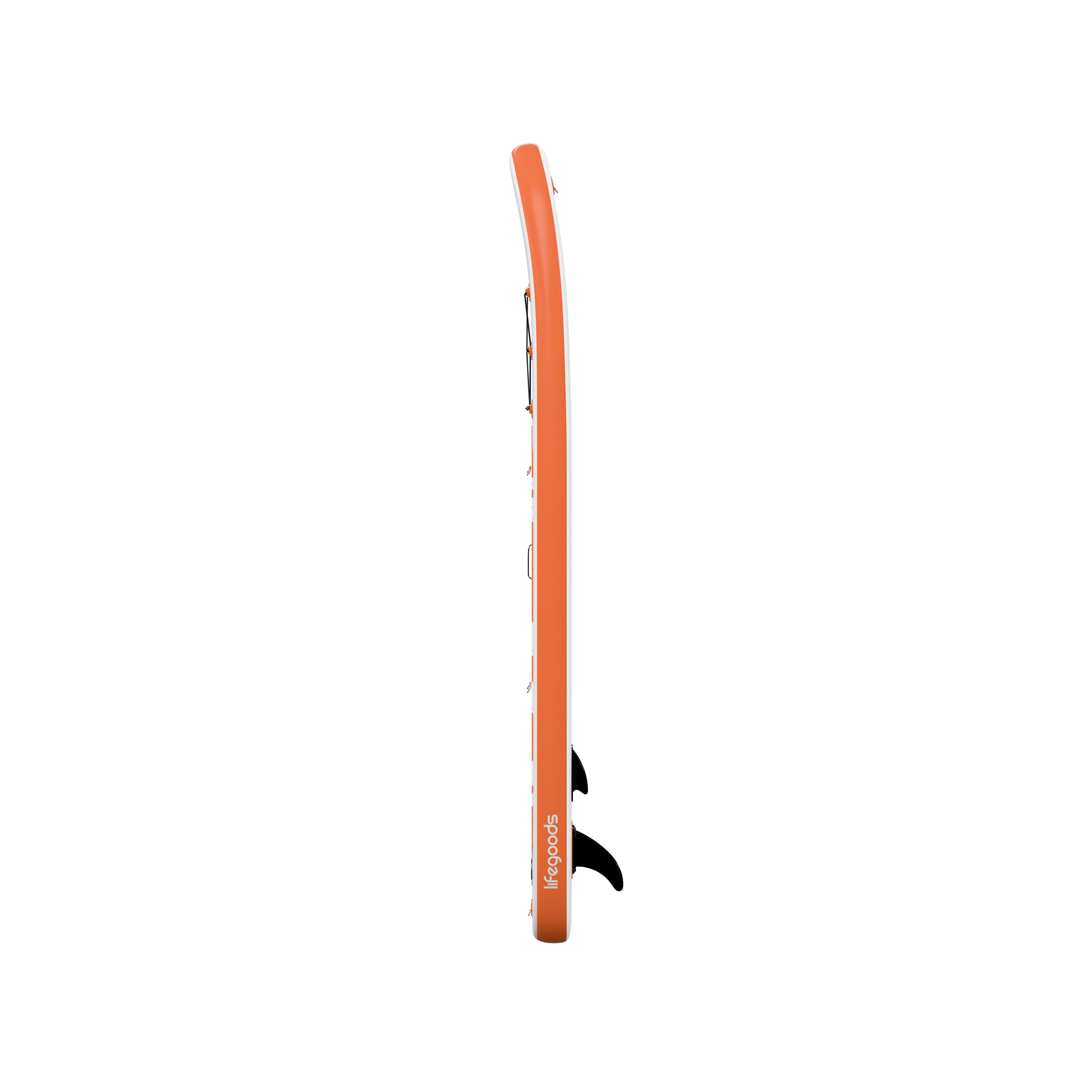 Oranje paddleboard met witte rand en zwarte vin.
