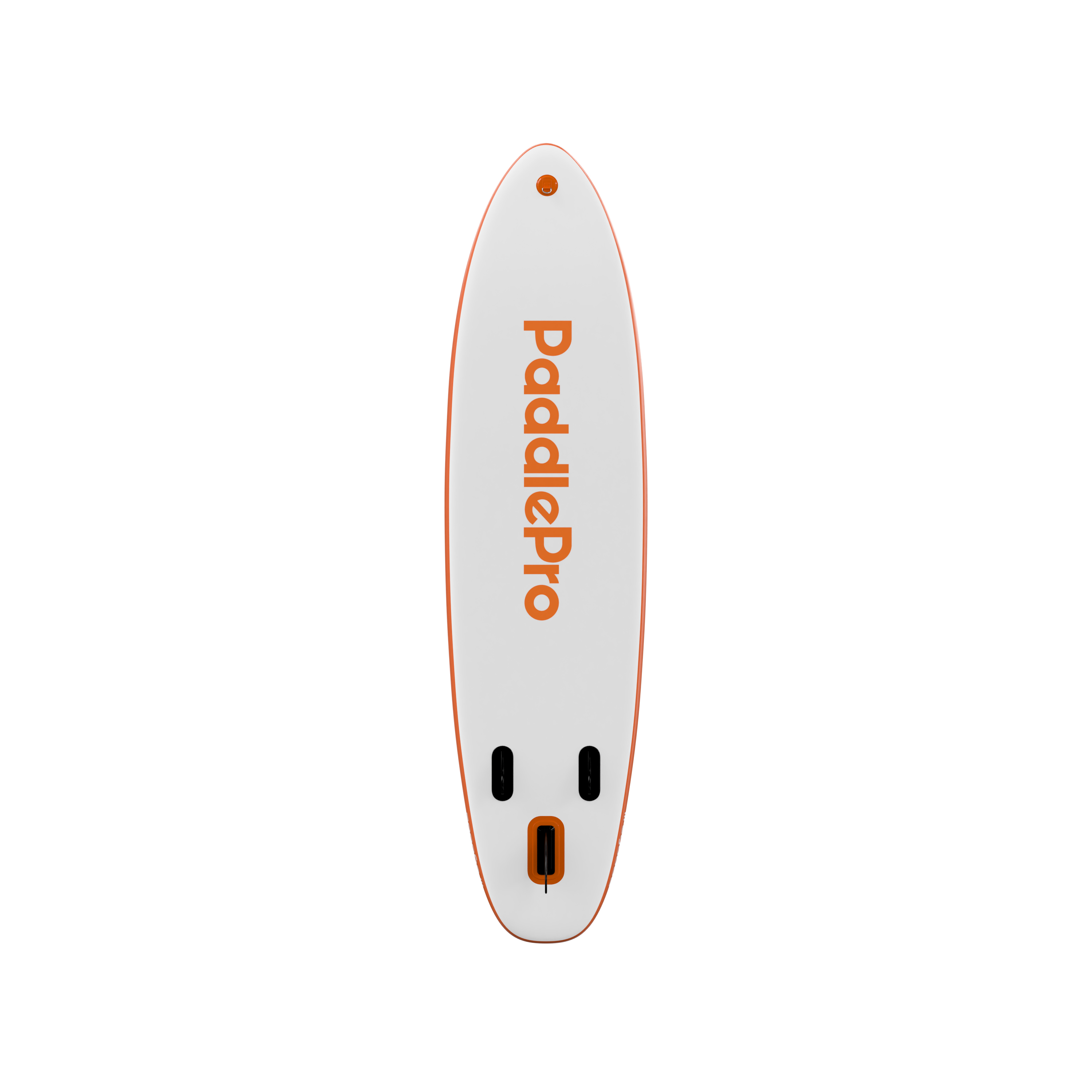Een wit paddleboard met oranje rand en tekst.