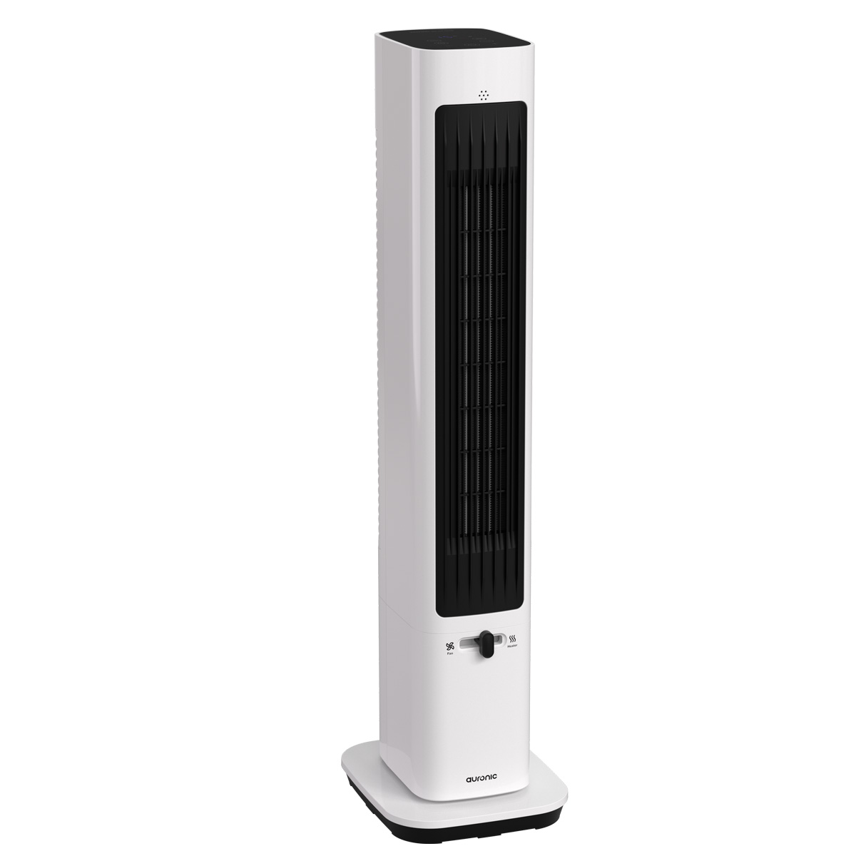 Een witte torenventilator met zwart rooster en voet, op witte achtergrond.