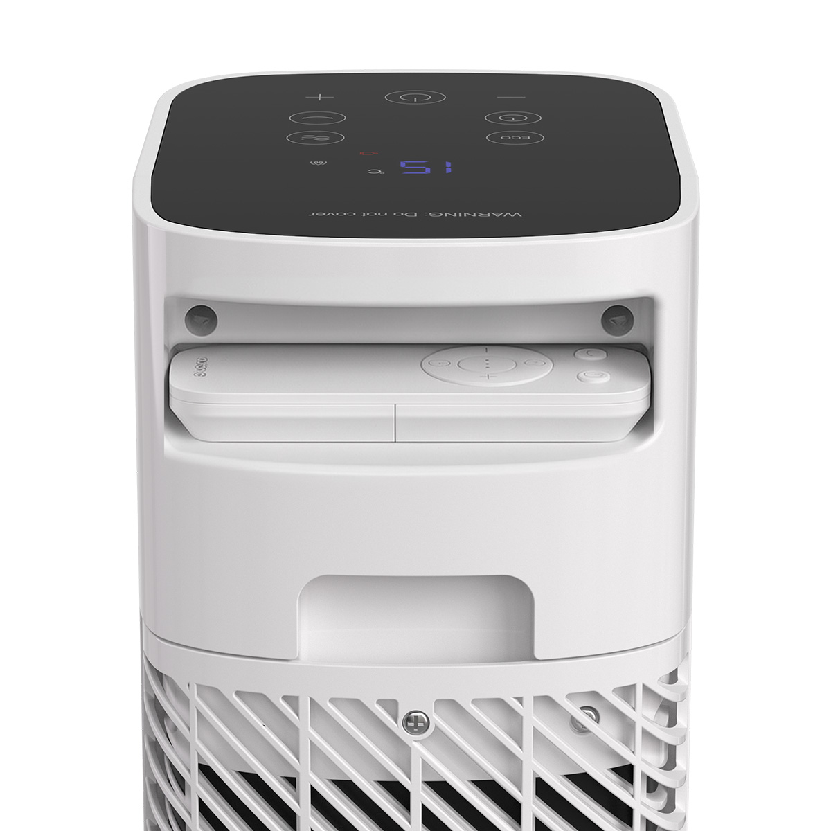 Een witte torenventilator met een zwart bovendeel, afstandsbediening en rooster.