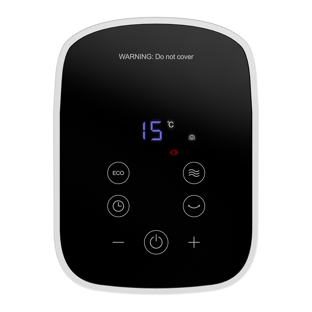 Een digitale thermostaat toont 15°C met iconen voor ECO, timer en verwarming.