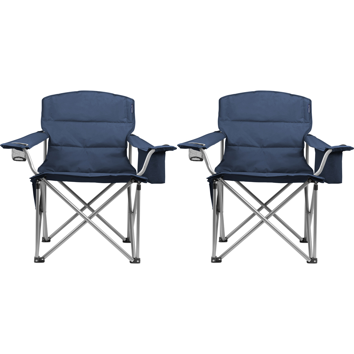 Two dark blue folding chairs with metal frames and cup holders.