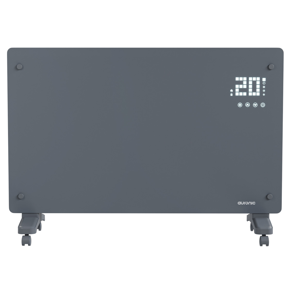 Een grijze elektrische kachel met digitaal display dat 20 graden aangeeft en een voet met wielen.