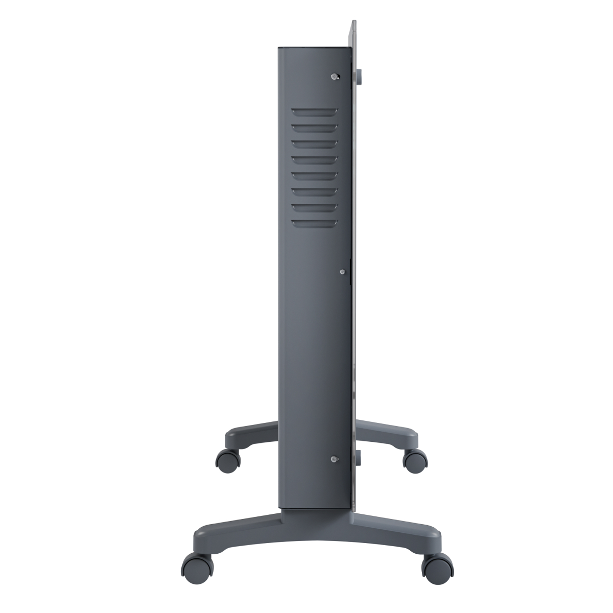 Grijze verwarming op wielen, zij-aanzicht met ventilatiesleuven.