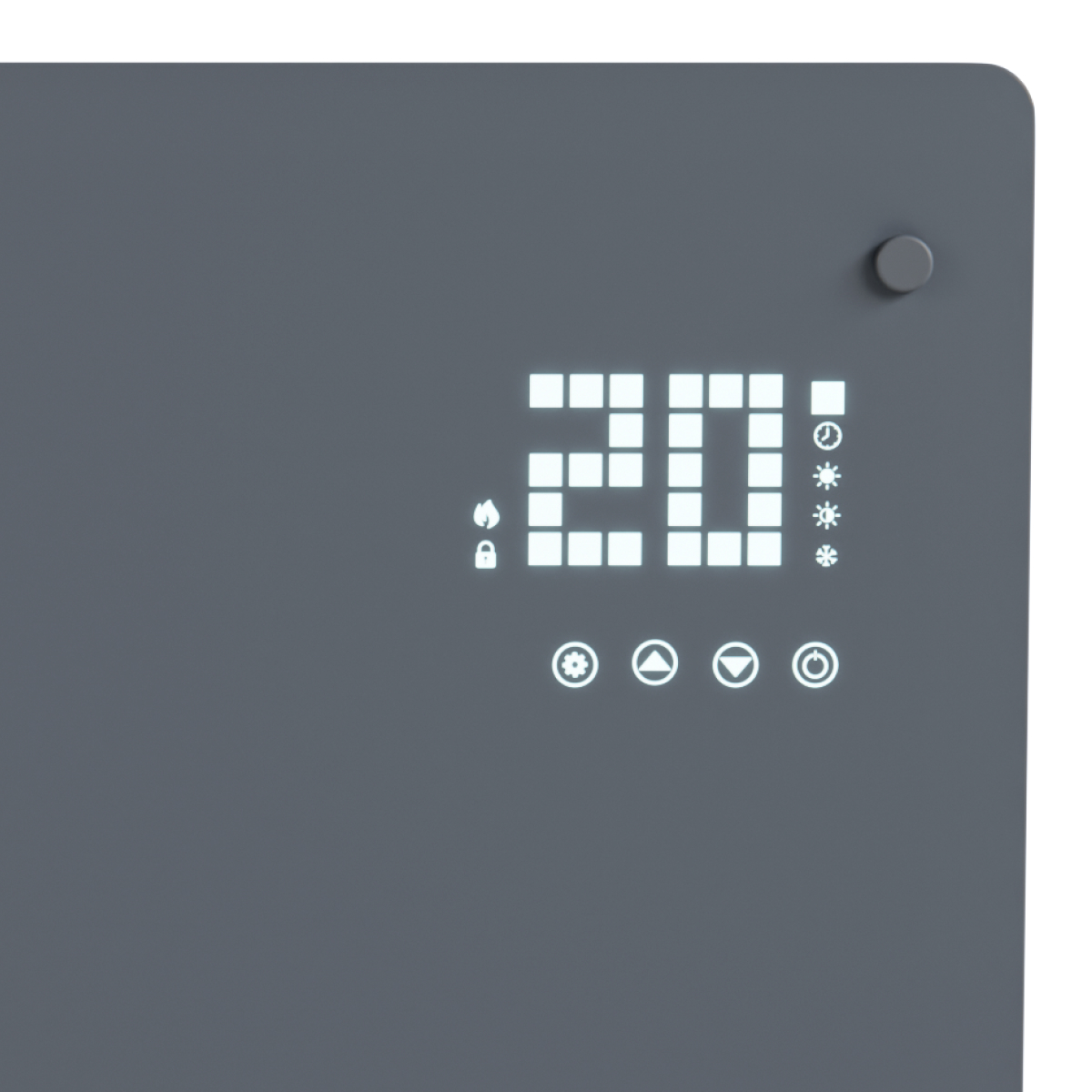 Grijs bedieningspaneel met "20" display en vlam/slot-icoontjes.