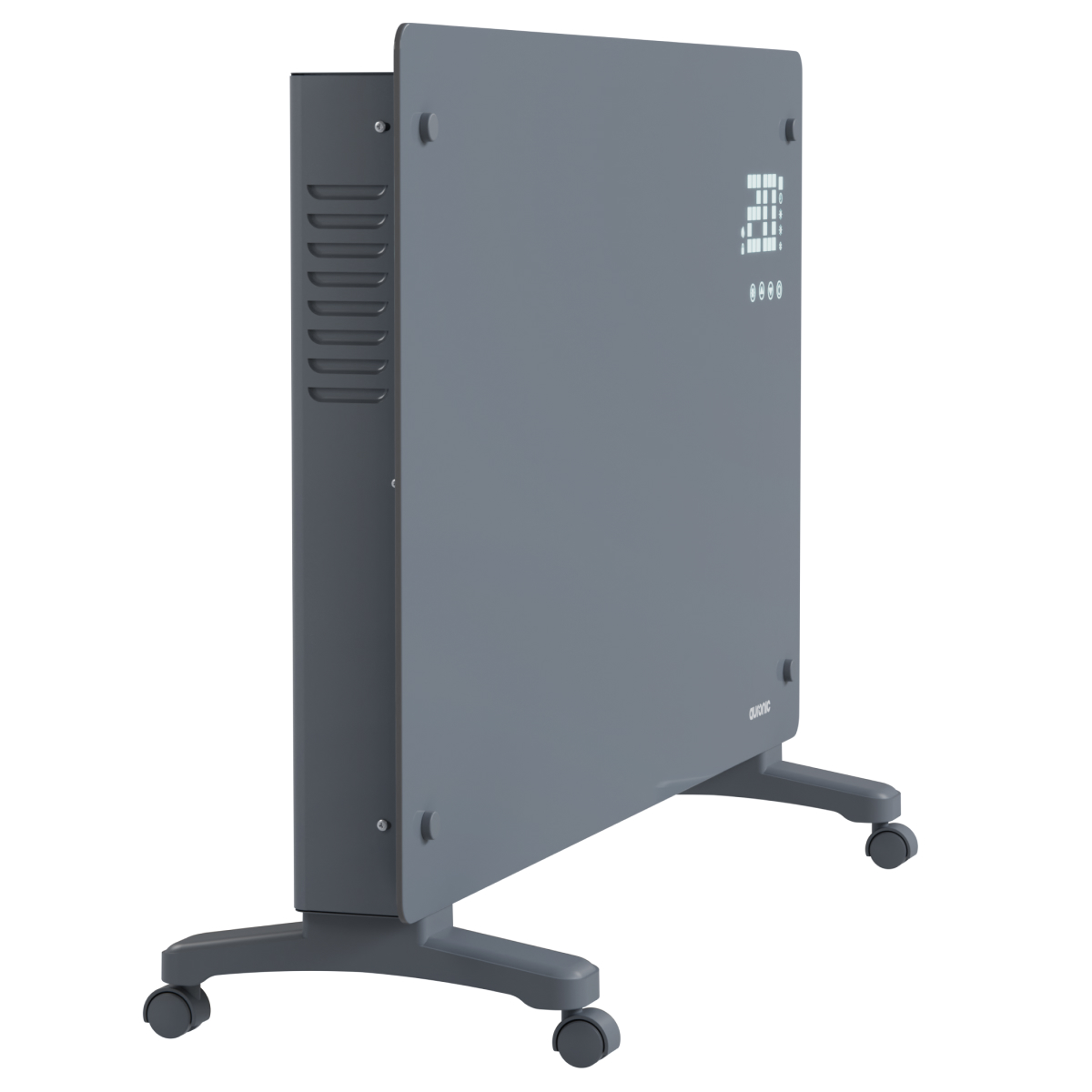 Grijze verwarming op wielen met digitaal display en ventilatiesleuven.