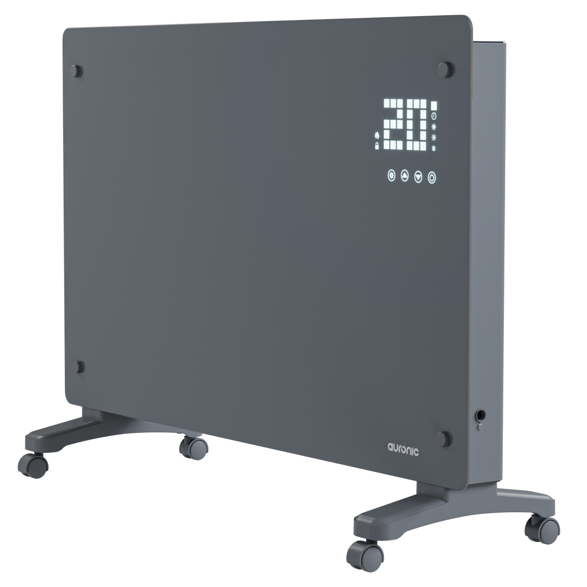 Grijze elektrische kachel op wielen met digitaal display (20°C).