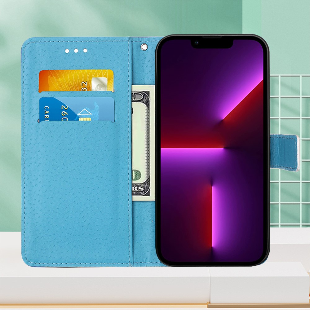Custodia blu per telefono con slot per carte, tasca porta soldi e smartphone.