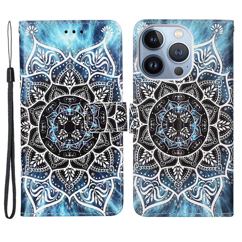Custodia per telefono blu e bianca con motivo mandala e laccetto per iPhone.