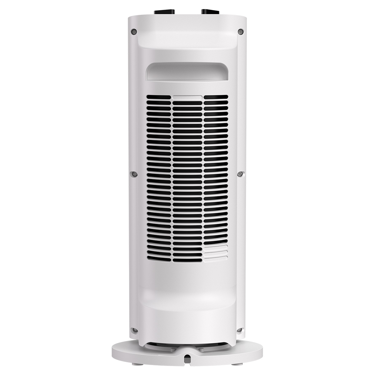 Back view of a white tower fan with vents and a handle.