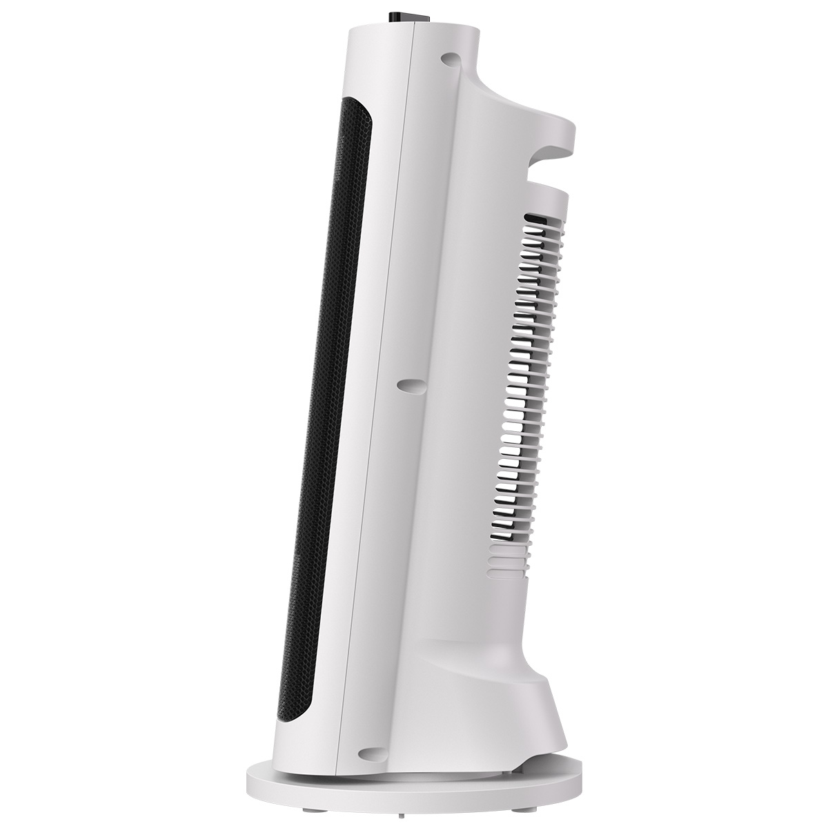 A white tower fan with a black grille and ventilation slots.
