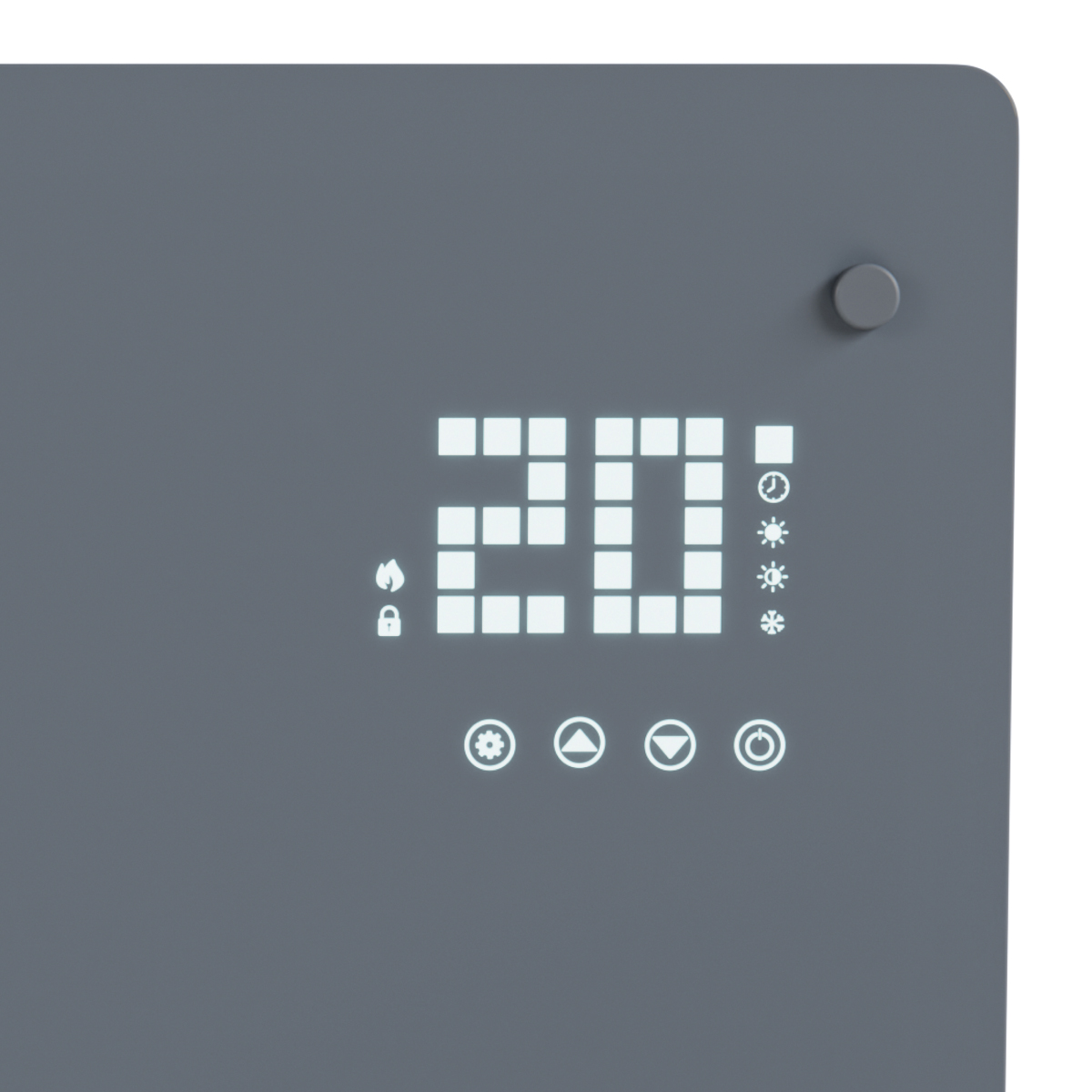 Écran gris avec affichage numérique blanc '20', symboles flamme et cadenas.