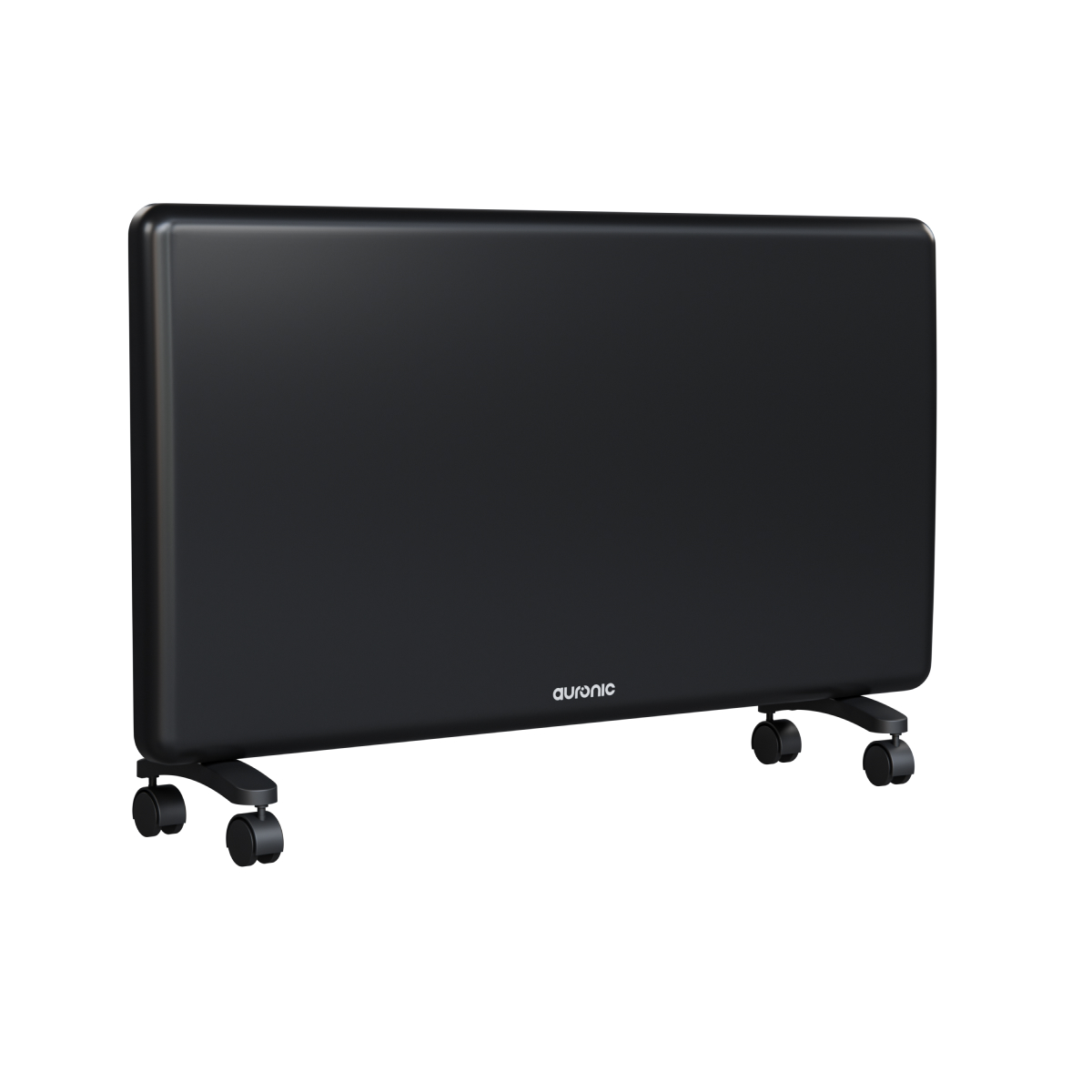 A black portable heater with wheels is shown on a white background.