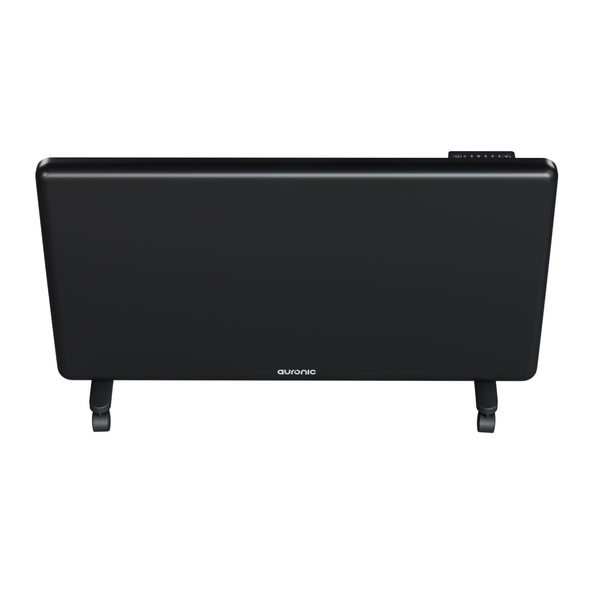 Black heater with wheels and control panel on top.