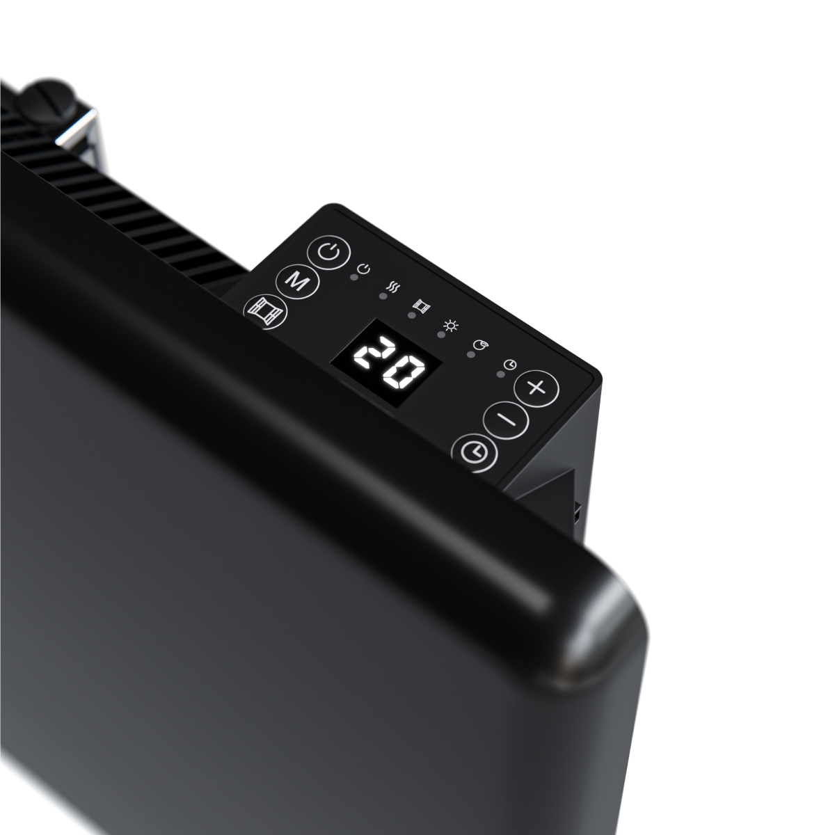 Black heater with a digital display showing 20 degrees.