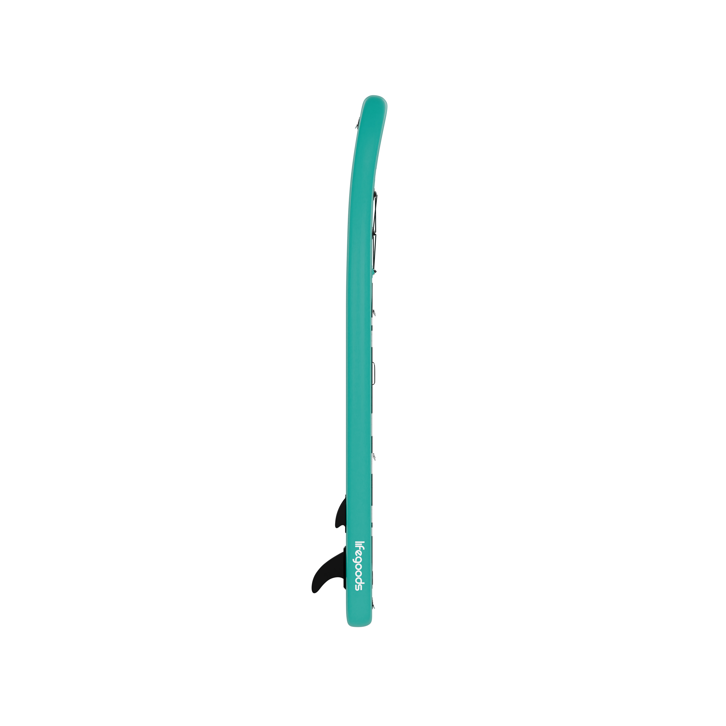 Turquoise opblaasbare paddleboard met zwarte vin, van de zijkant gezien.