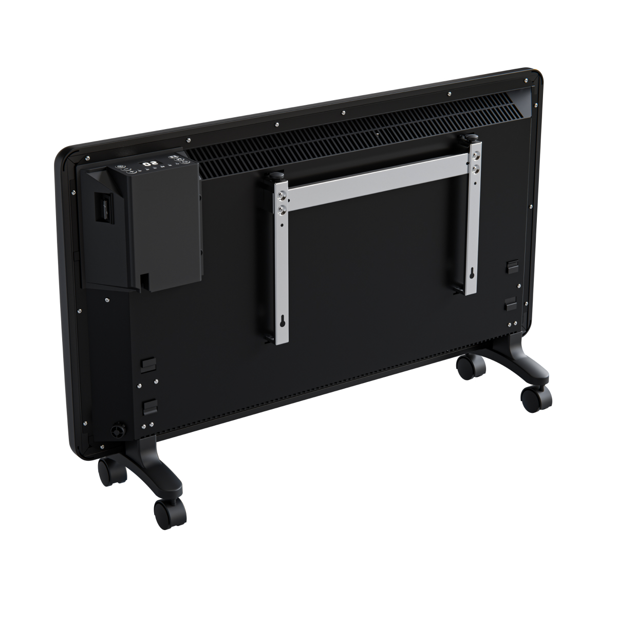 Black electric heater with wheels and wall mount, rear view.