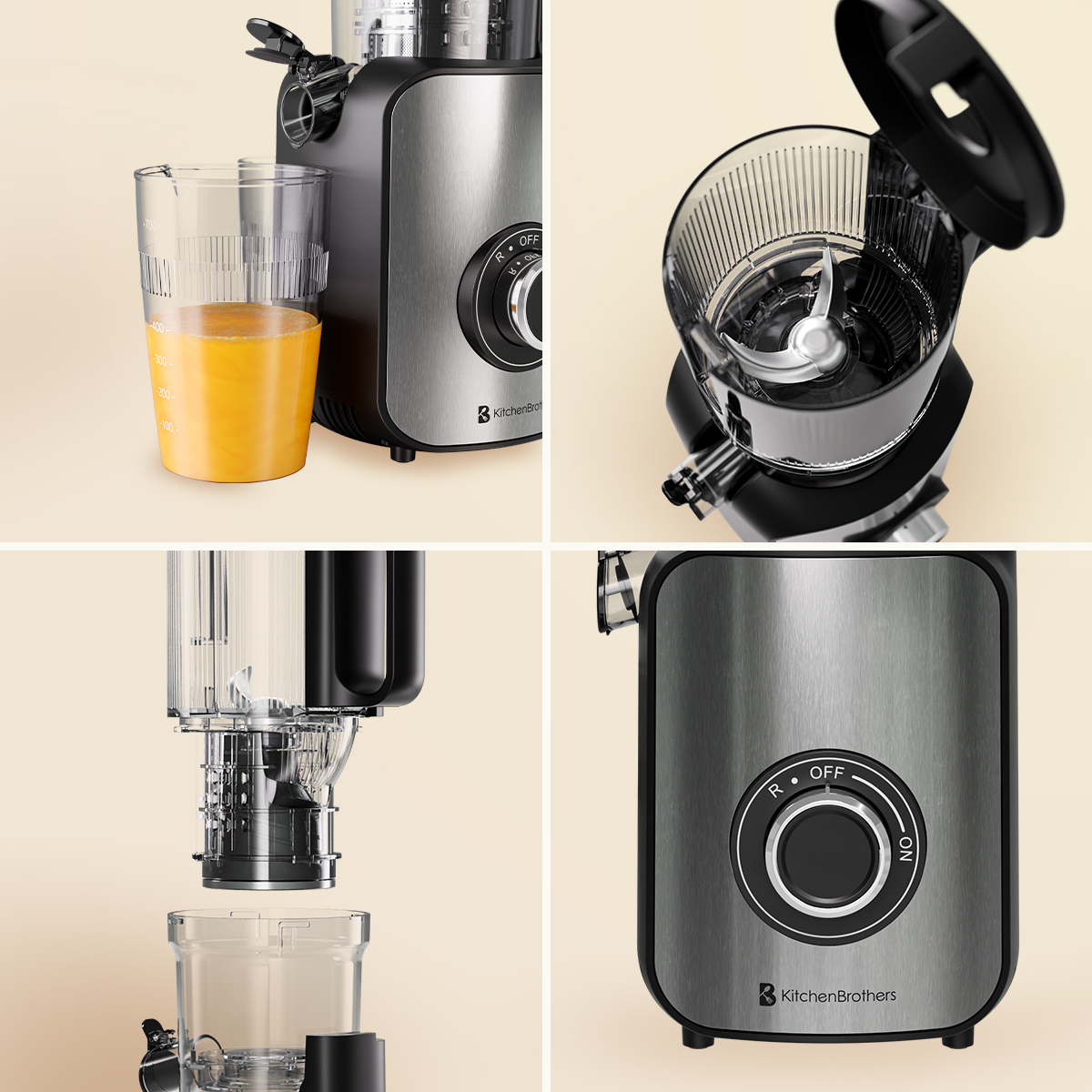 Collage d'un extracteur KitchenBrothers : verre de jus, extracteur ouvert, pièces démontées, panneau de commande.