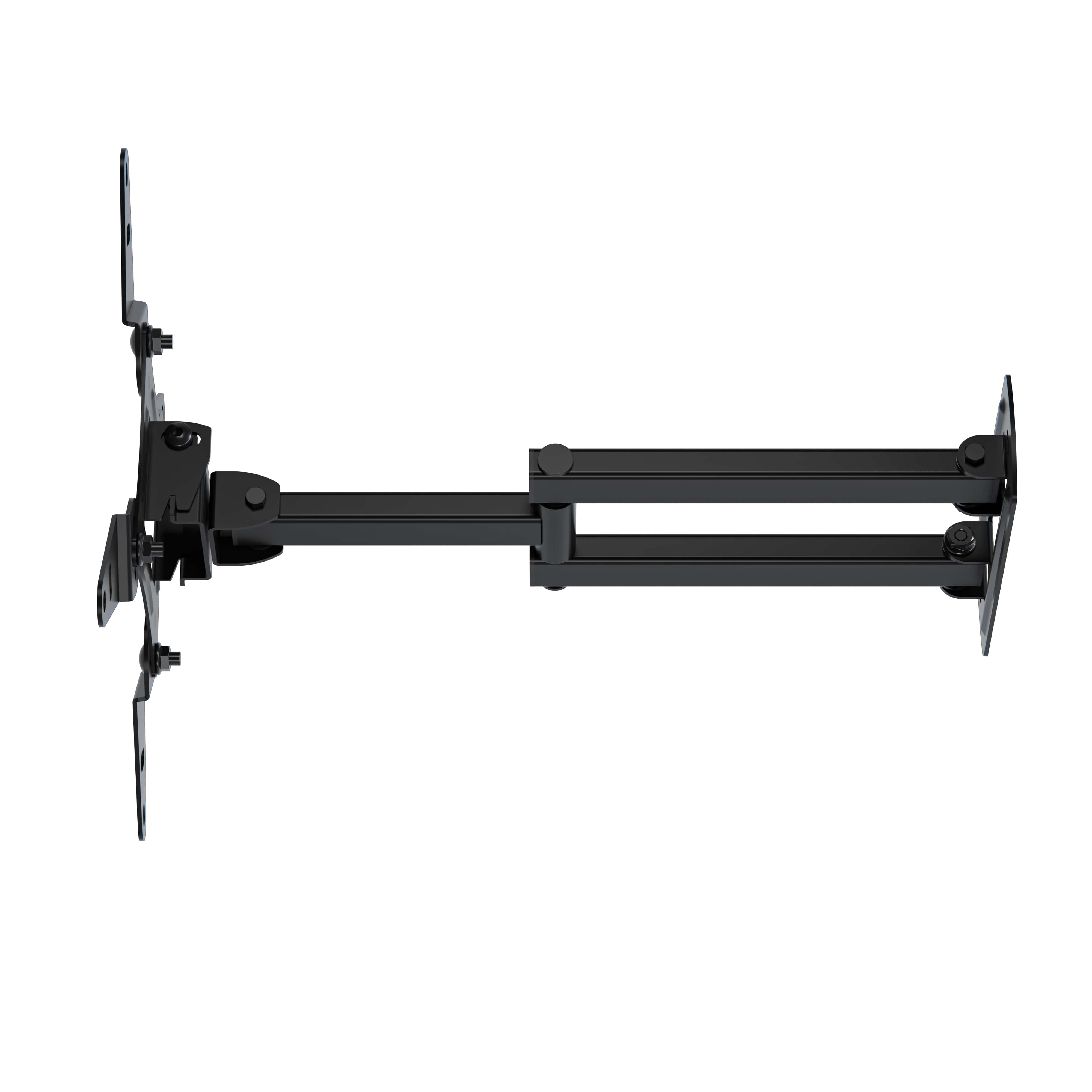 Black, multi-jointed, extendable TV wall mount with VESA plates.