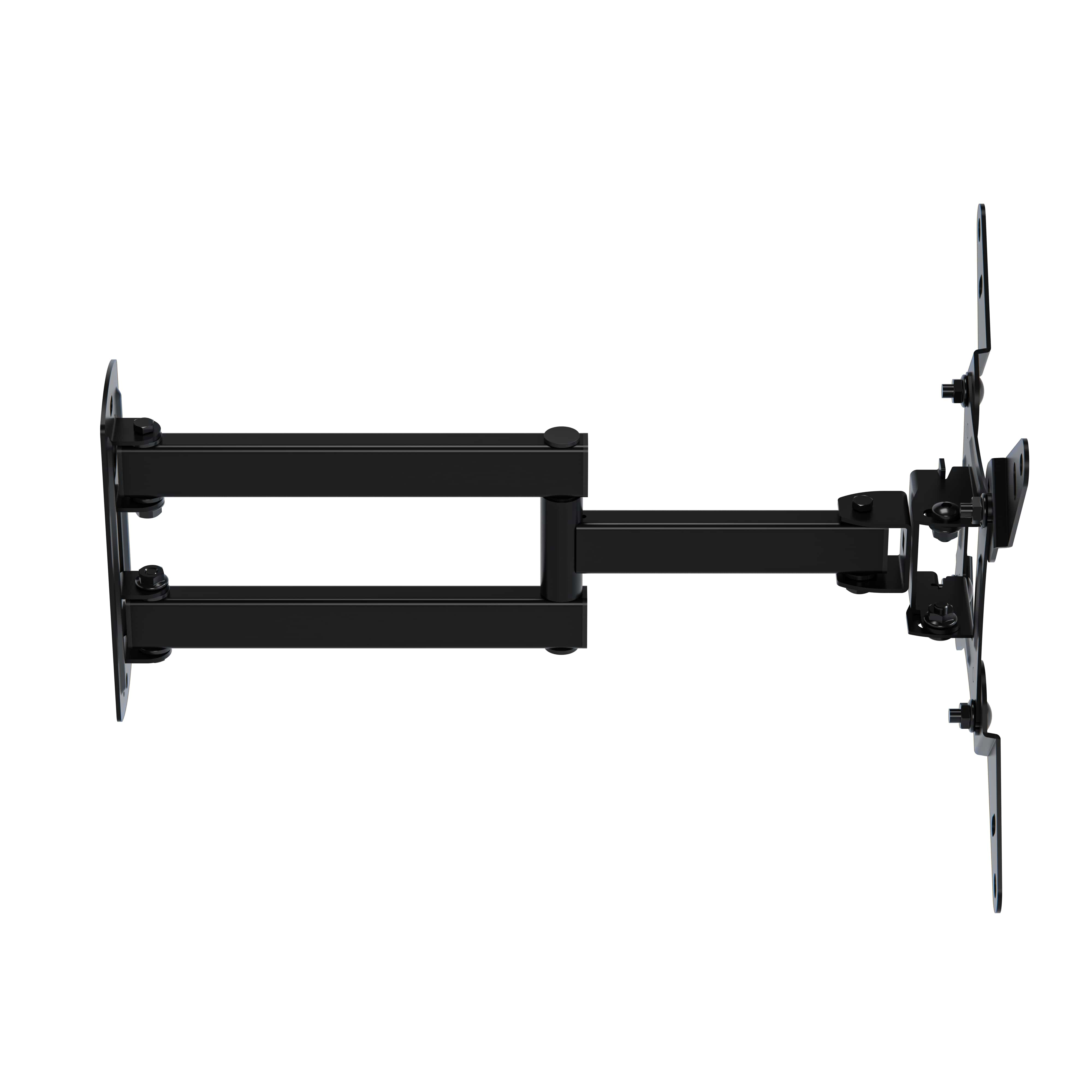 Black articulating flat-screen TV wall mount with an extending arm.