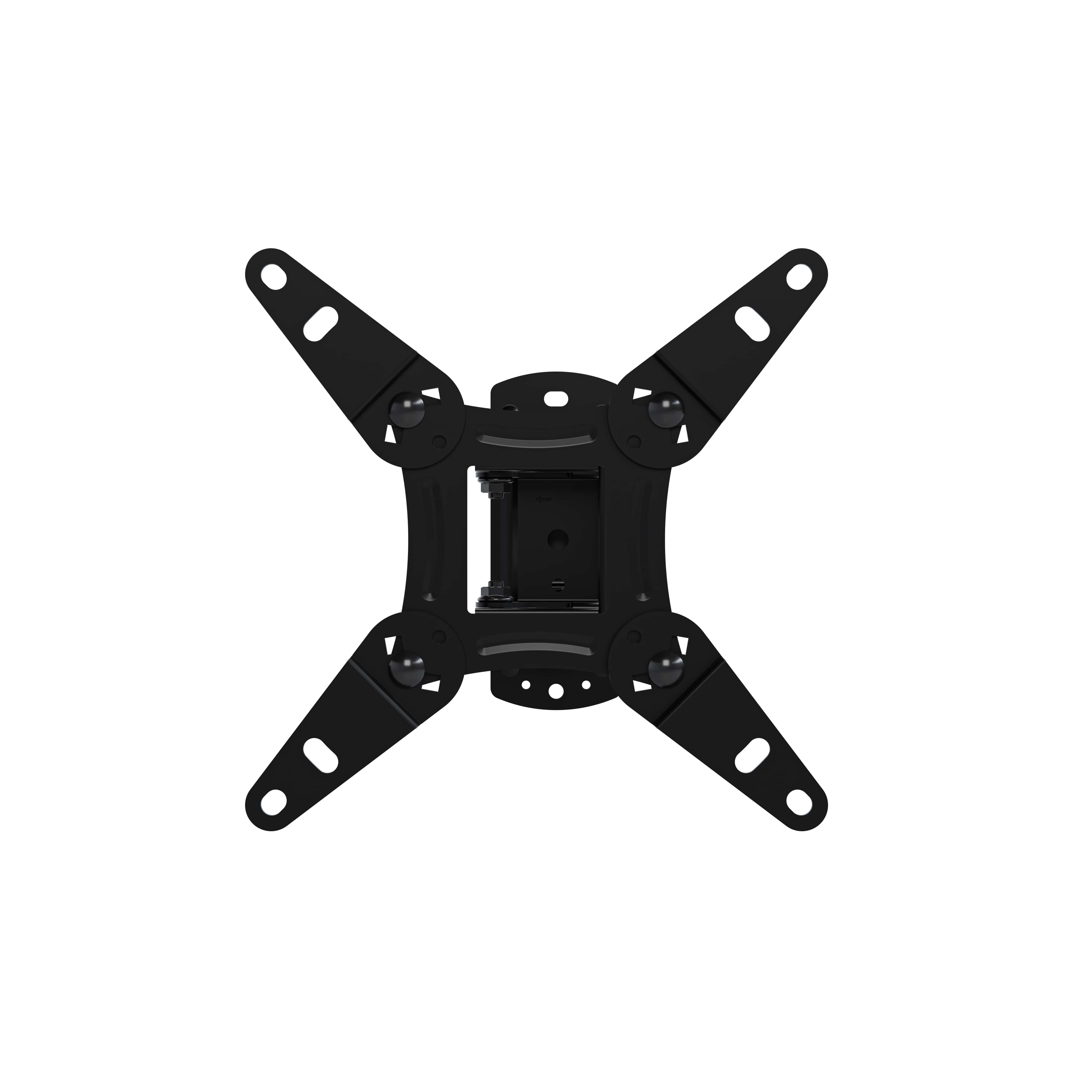 A black, adjustable monitor mount with four articulated arms and mounting holes.