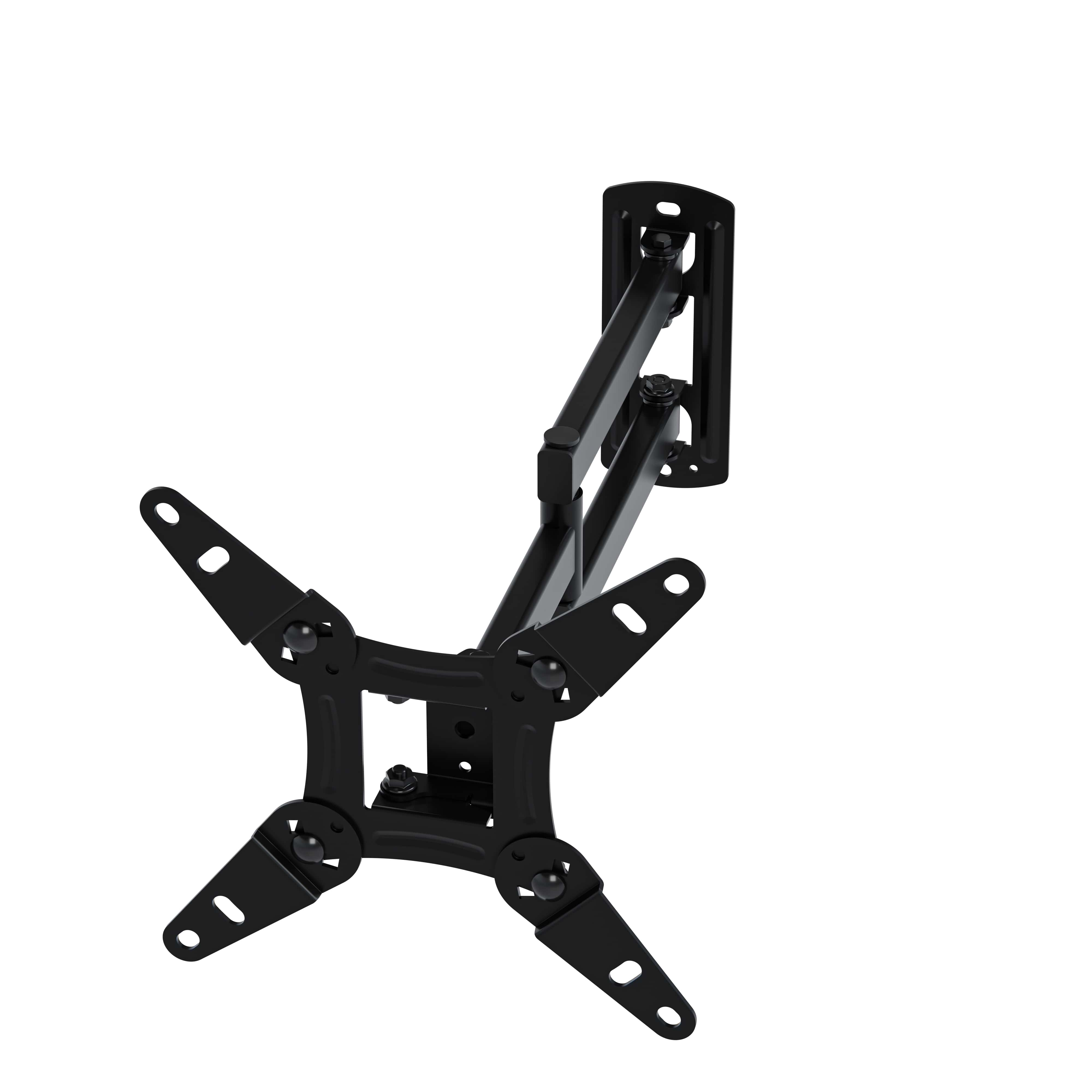 Black swivel TV wall mount with extendable arm and four mounting brackets.