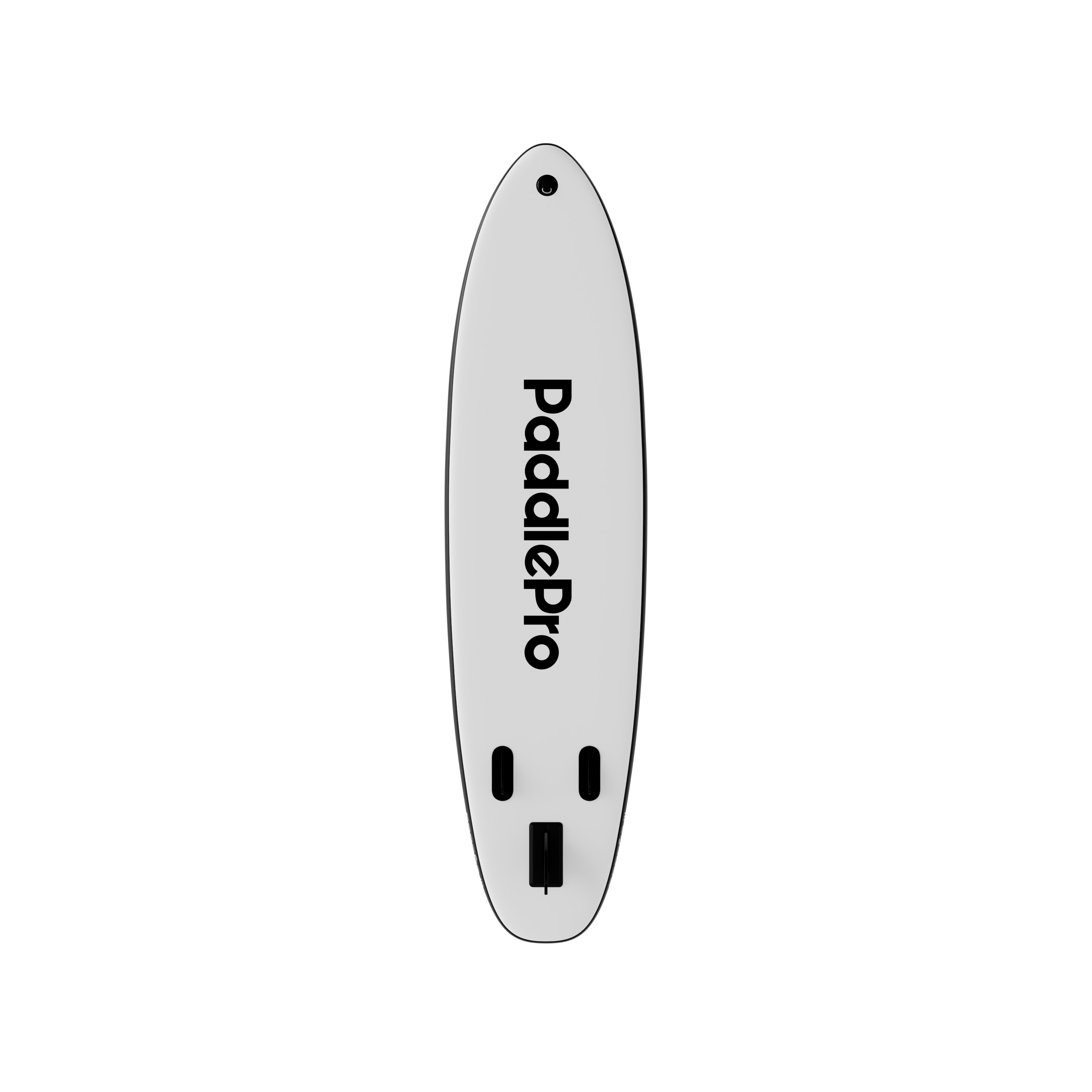 A white paddleboard with black text, isolated on a white background.
