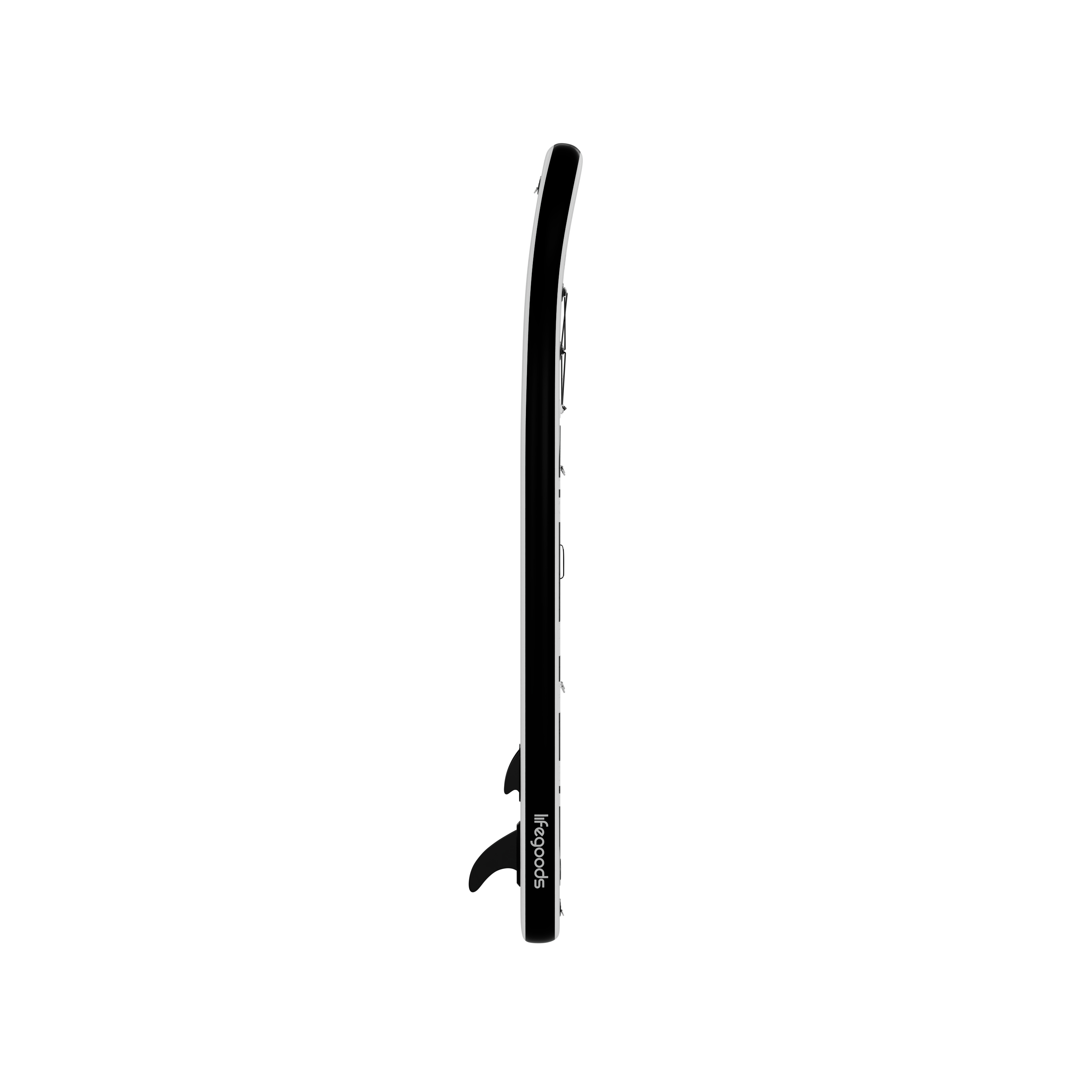A black surfboard with a white edge and logo on a white background.
