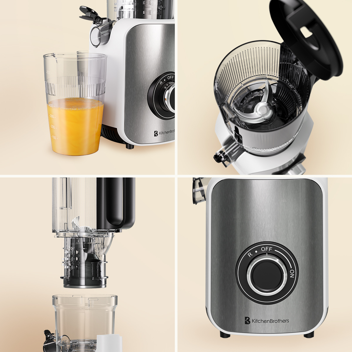 Een sapcentrifuge met glas, sap en bedieningspaneel.