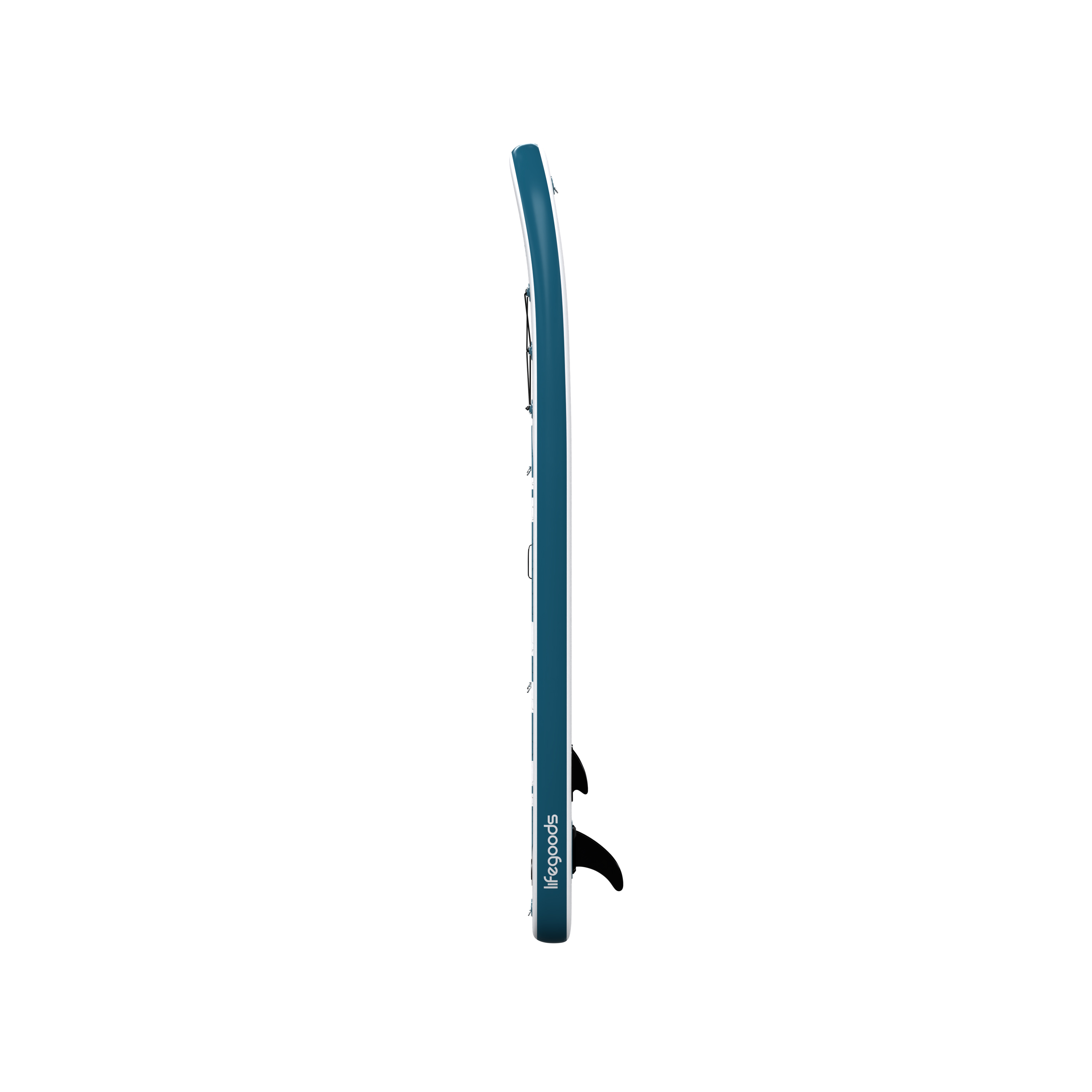 Une planche de paddle bleu foncé avec un bord blanc et un aileron noir.