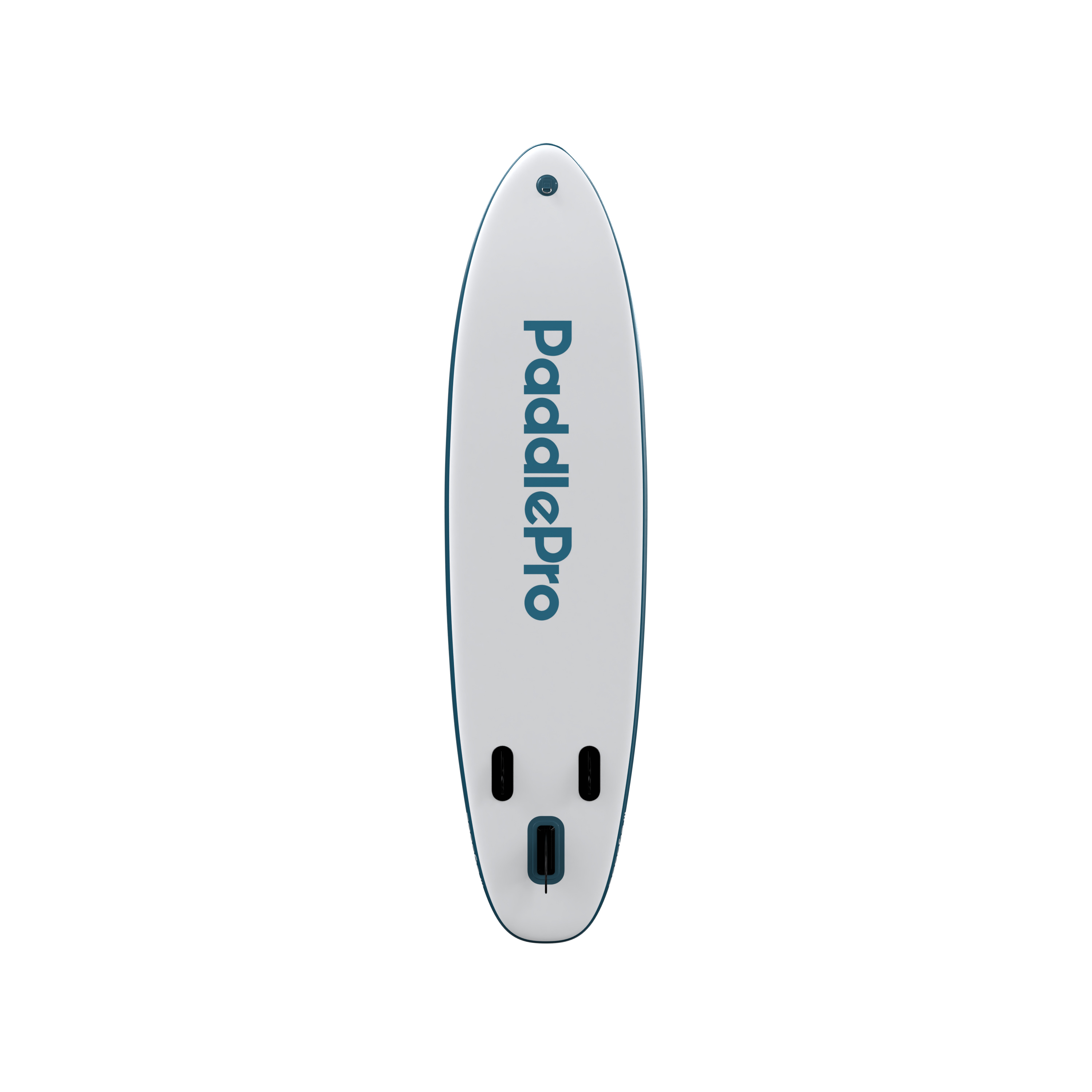 Un paddle gonflable blanc avec bordure bleue et inscription 'PaddlePro'.