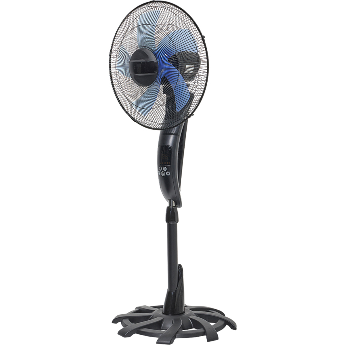 Un ventilateur sur pied noir avec des pales bleues et un écran numérique.