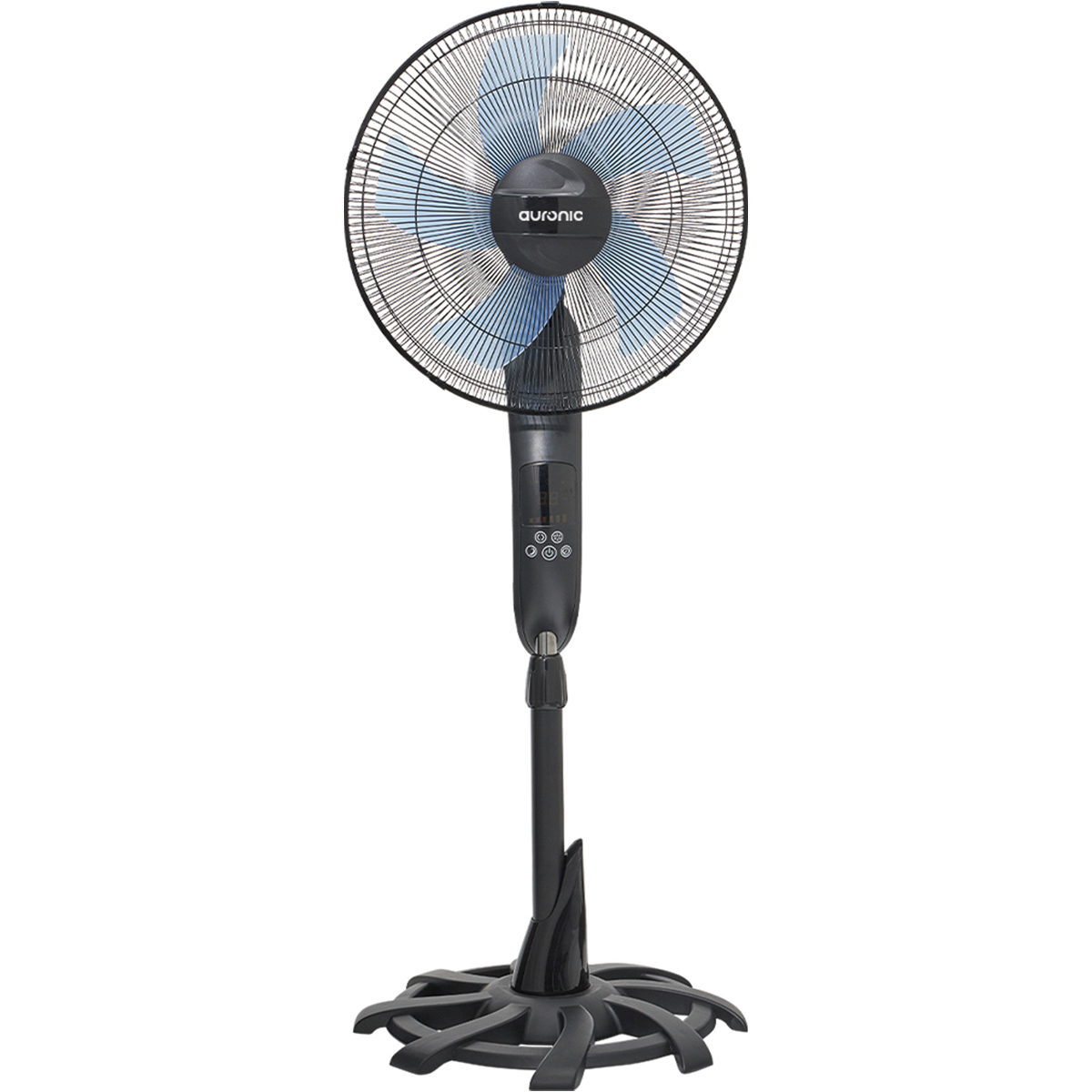 Un ventilateur sur pied noir avec des pales bleu et blanc et des boutons de commande.