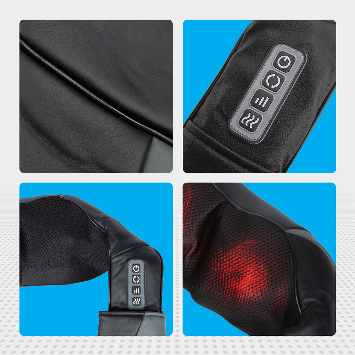 Black neck massager with control buttons and glowing red massage nodes.