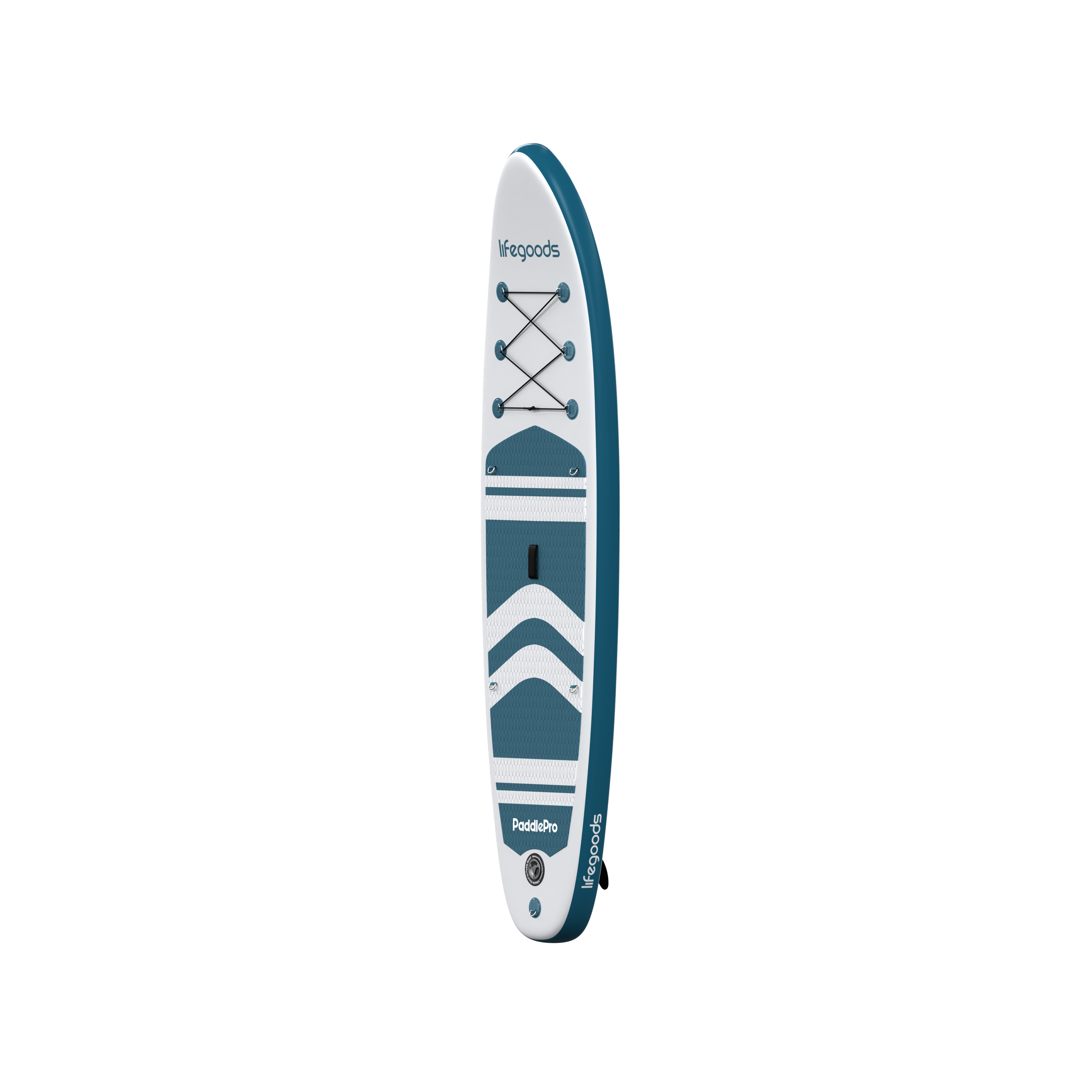 Een blauw-wit stand-up paddleboard met bungeekoorden en handvat.