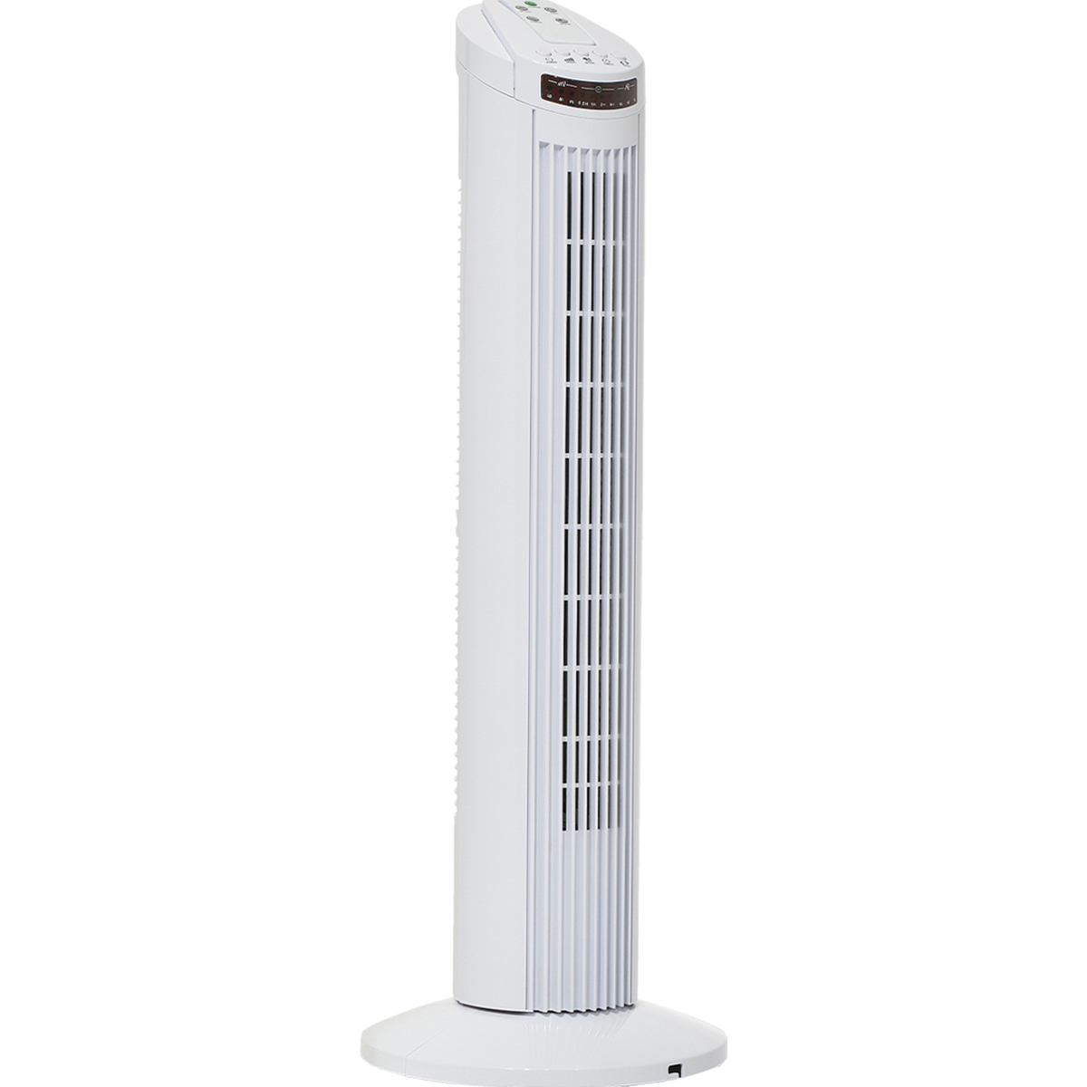 Ein weißer Turmventilator mit Bedienfeld oben und Lüftungsschlitzen an der Vorderseite.