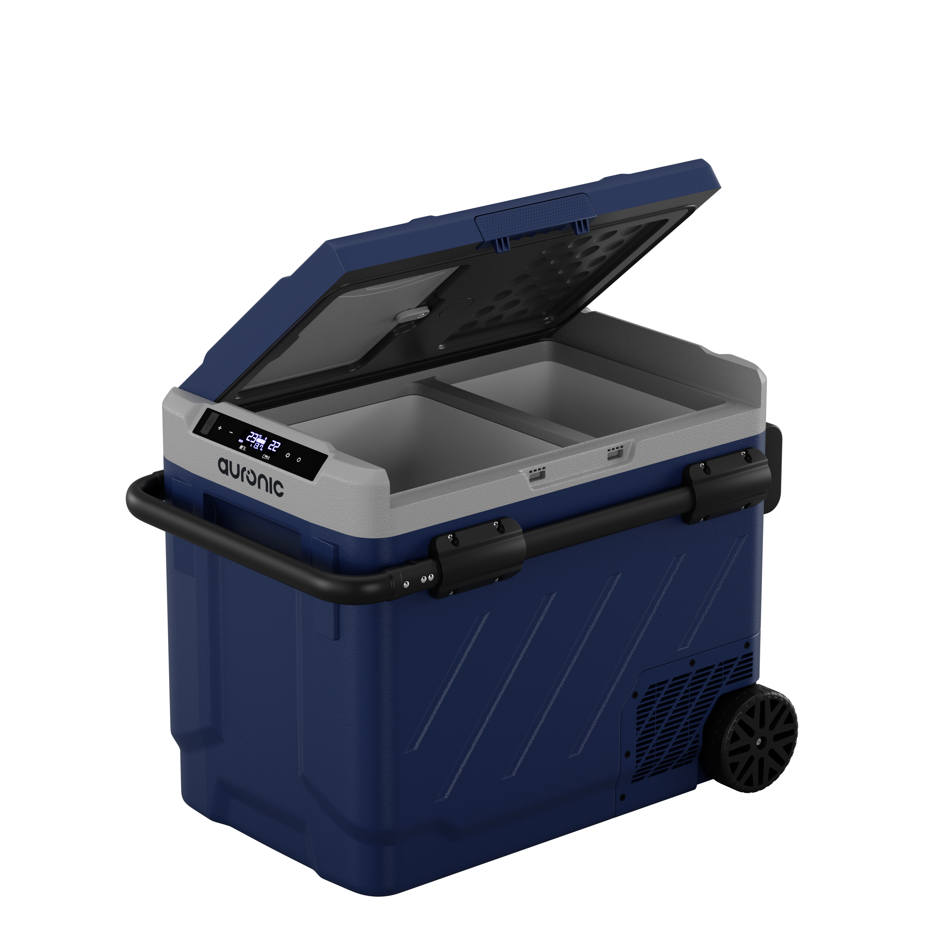 Een donkerblauwe draagbare koelbox met open deksel en digitaal display.