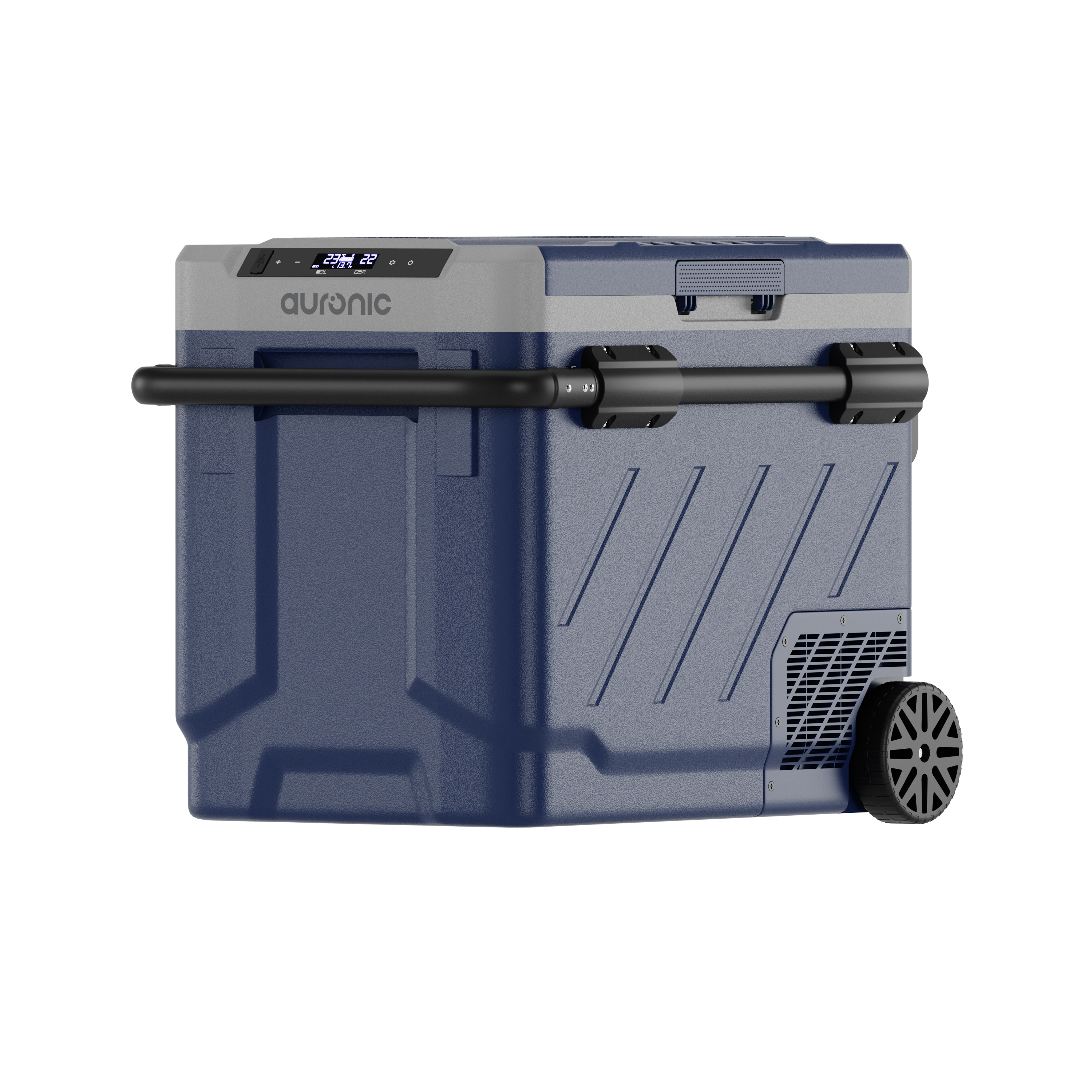 Een blauwe en grijze draagbare koelbox met wielen en handvat.