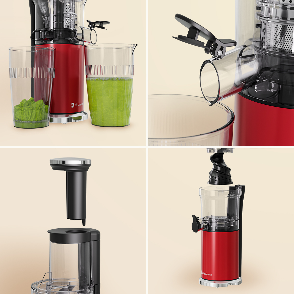 A red juicer, partially disassembled, with glasses for juice and pulp.