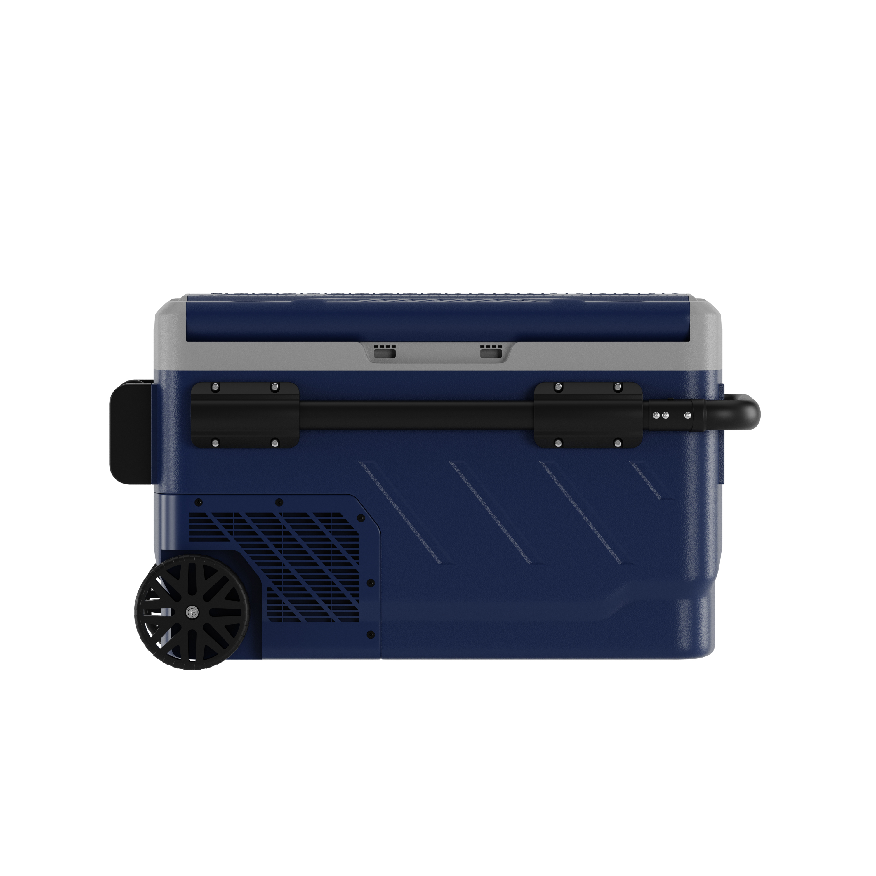 Een blauwe koelbox met wielen en handvat.