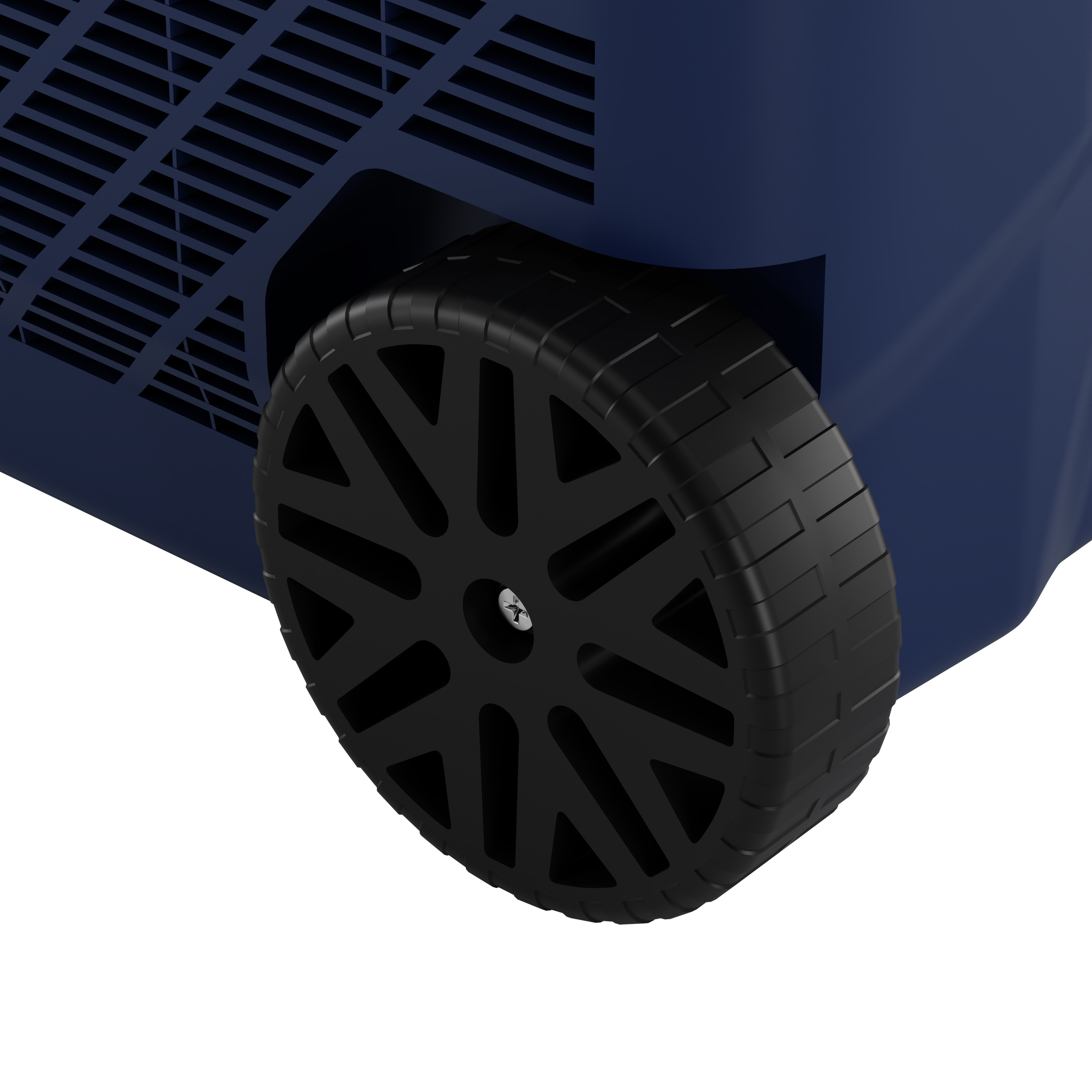 Een blauwe koelbox met een zwart wiel en ventilatiesleuven.