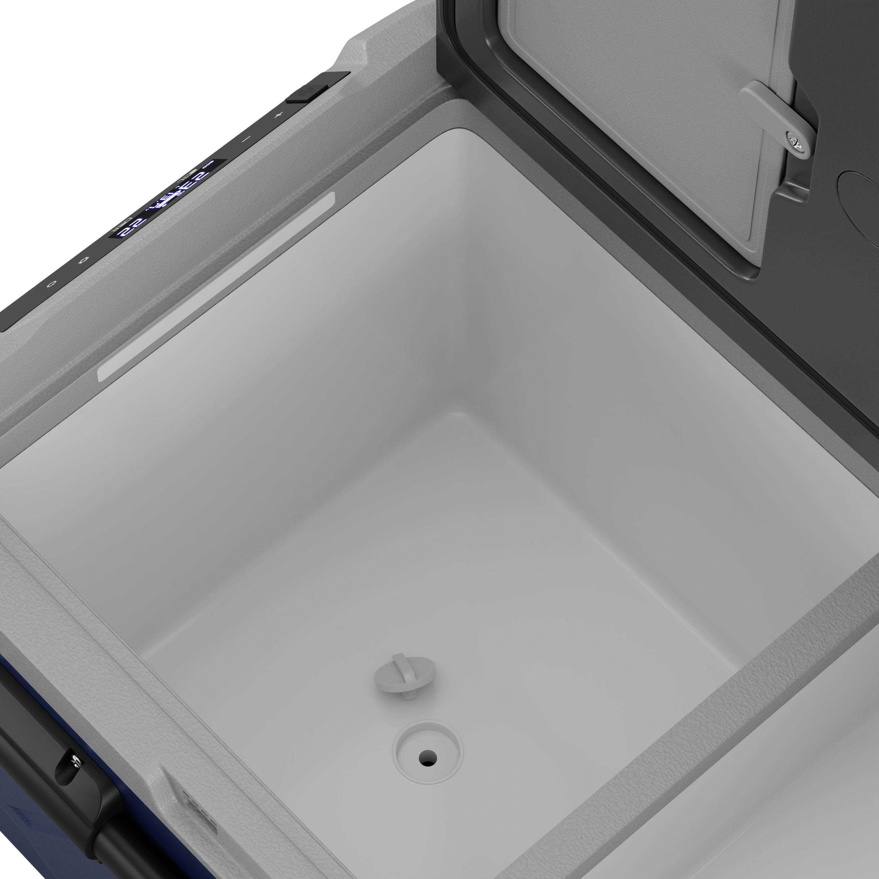 Een open koelbox met witte binnenkant, digitaal display en zilverkleurig handvat.
